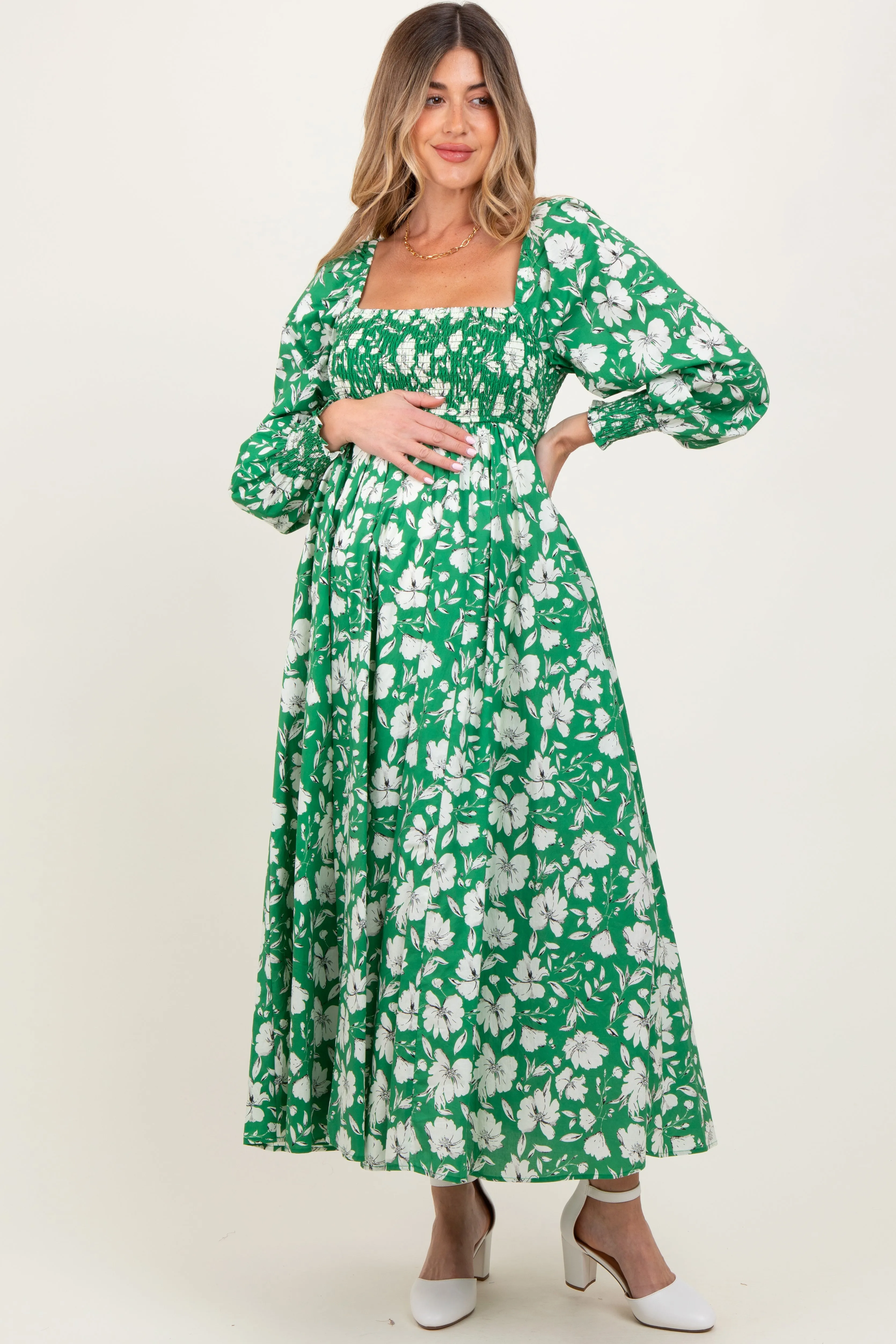 Green Smocked Cotton Floral Maternity Maxi Dress sold by Pinkblush product image thumbnail 2