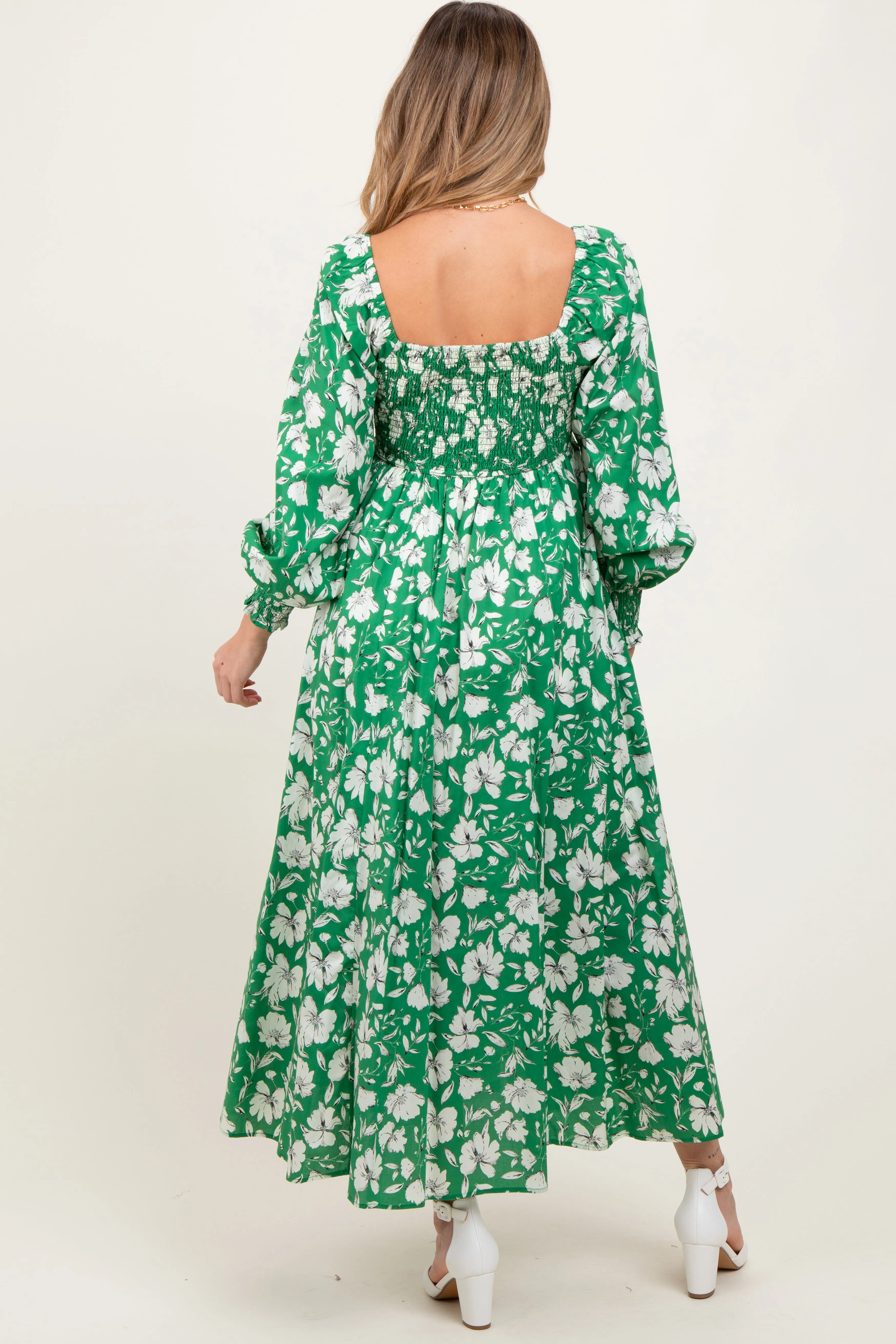 Green Smocked Cotton Floral Maternity Maxi Dress sold by Pinkblush product image thumbnail 3