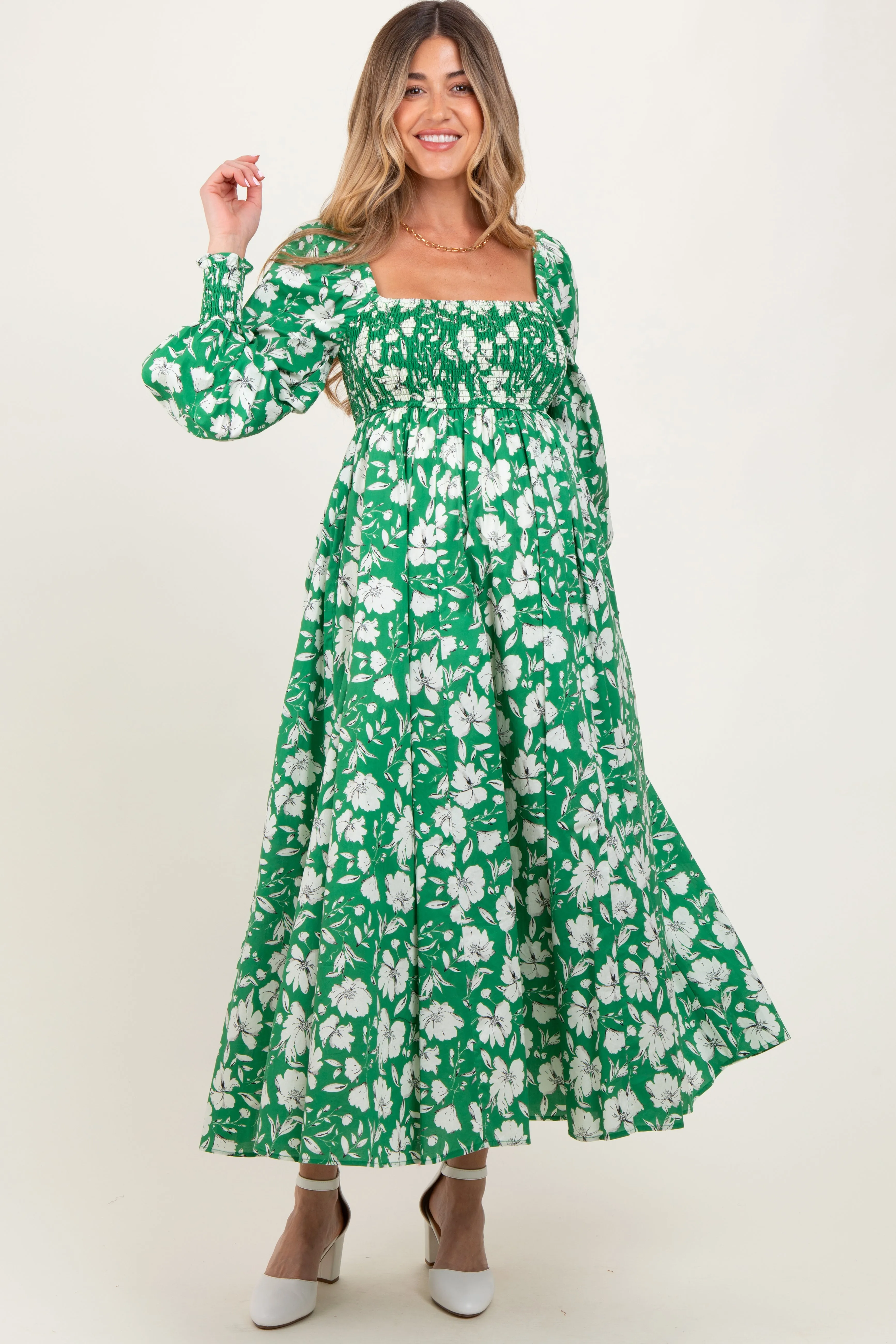 Green Smocked Cotton Floral Maternity Maxi Dress sold by Pinkblush