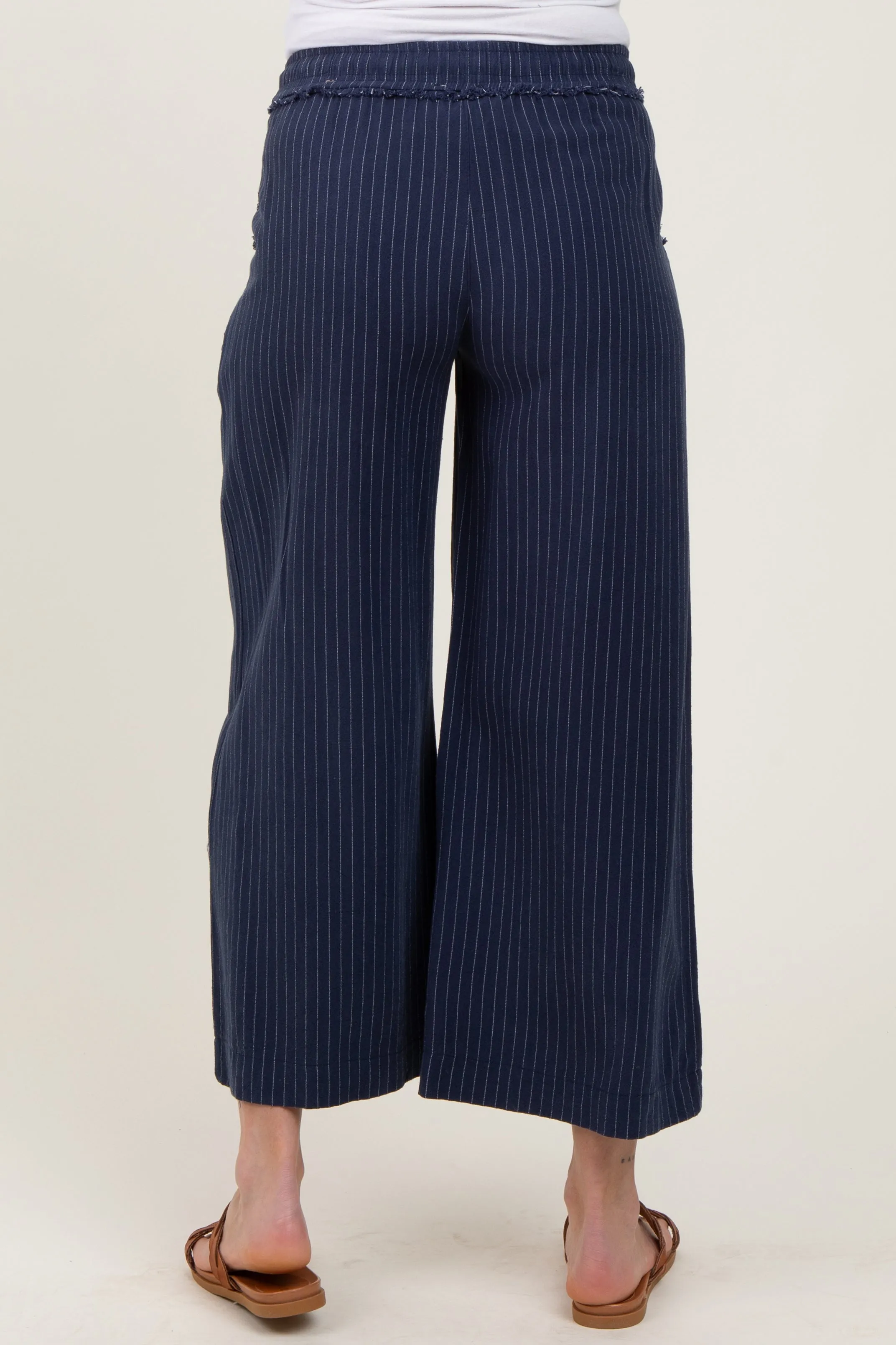 Navy Striped Drawstring Linen Blend Maternity Wide Leg Pants sold by Pinkblush product image thumbnail 5