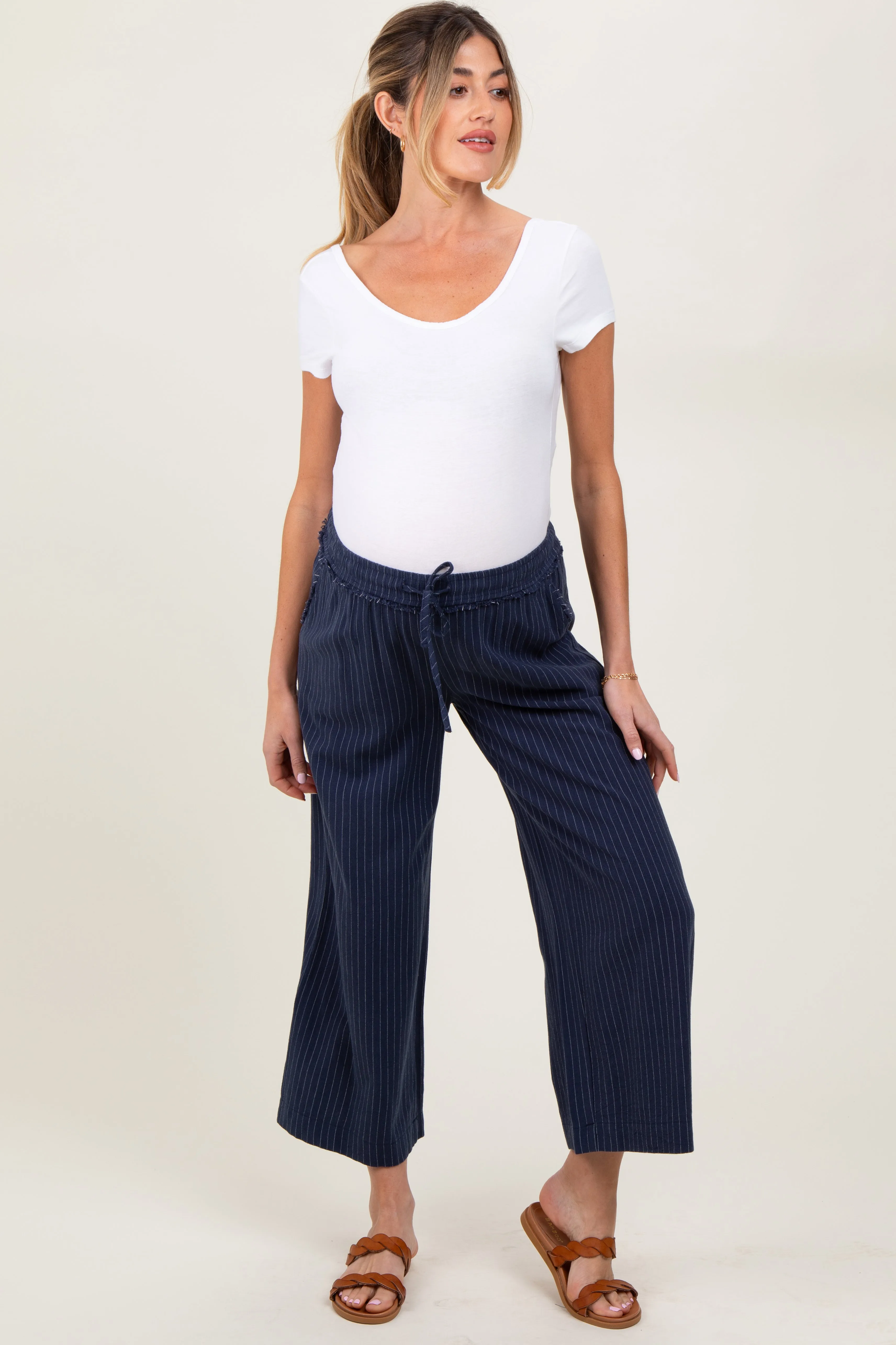 Navy Striped Drawstring Linen Blend Maternity Wide Leg Pants sold by Pinkblush product image thumbnail 2