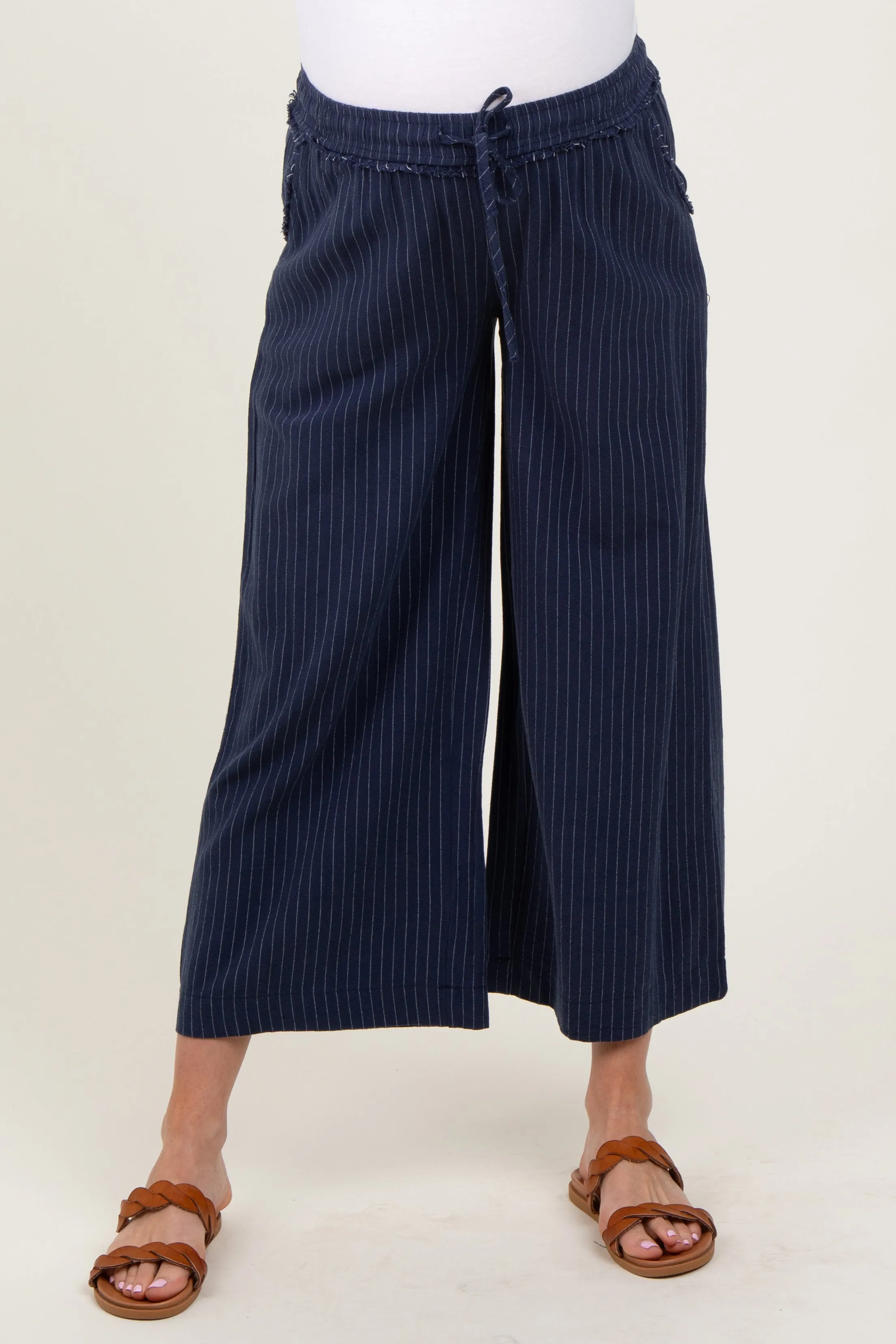 Navy Striped Drawstring Linen Blend Maternity Wide Leg Pants sold by Pinkblush product image thumbnail 3