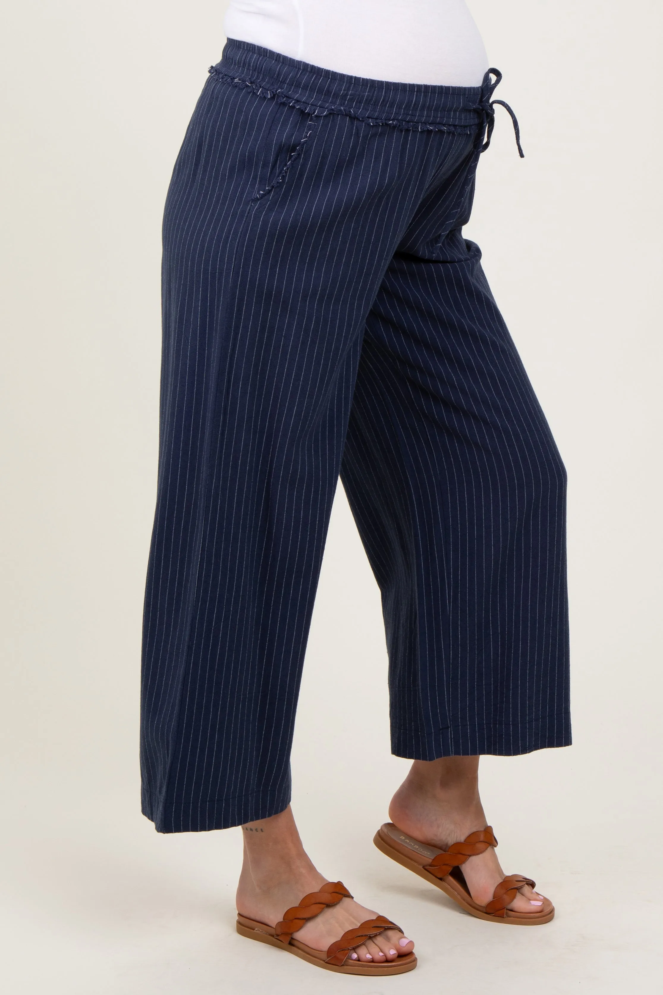 Navy Striped Drawstring Linen Blend Maternity Wide Leg Pants sold by Pinkblush product image thumbnail 4