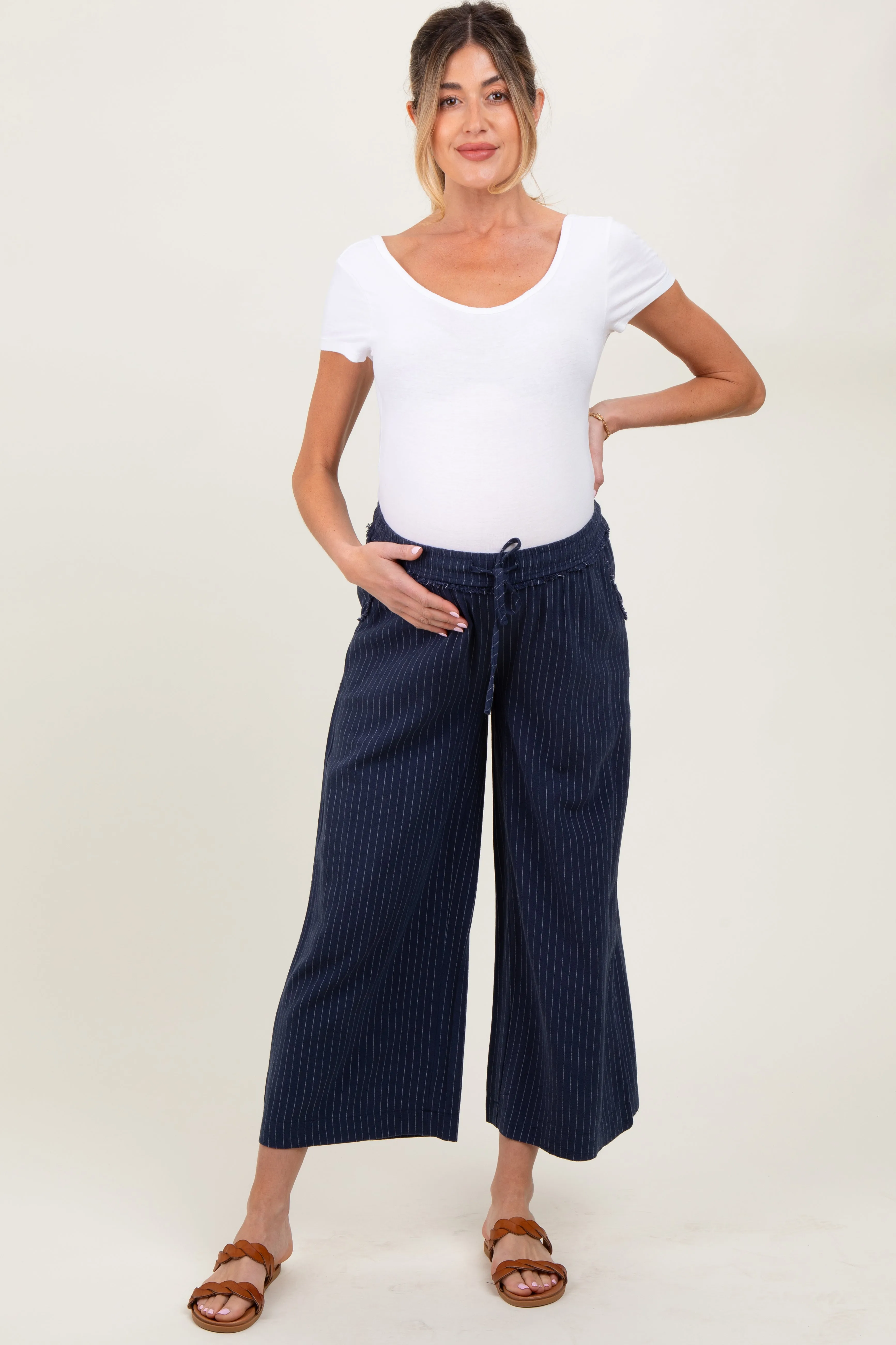 Navy Striped Drawstring Linen Blend Maternity Wide Leg Pants sold by Pinkblush
