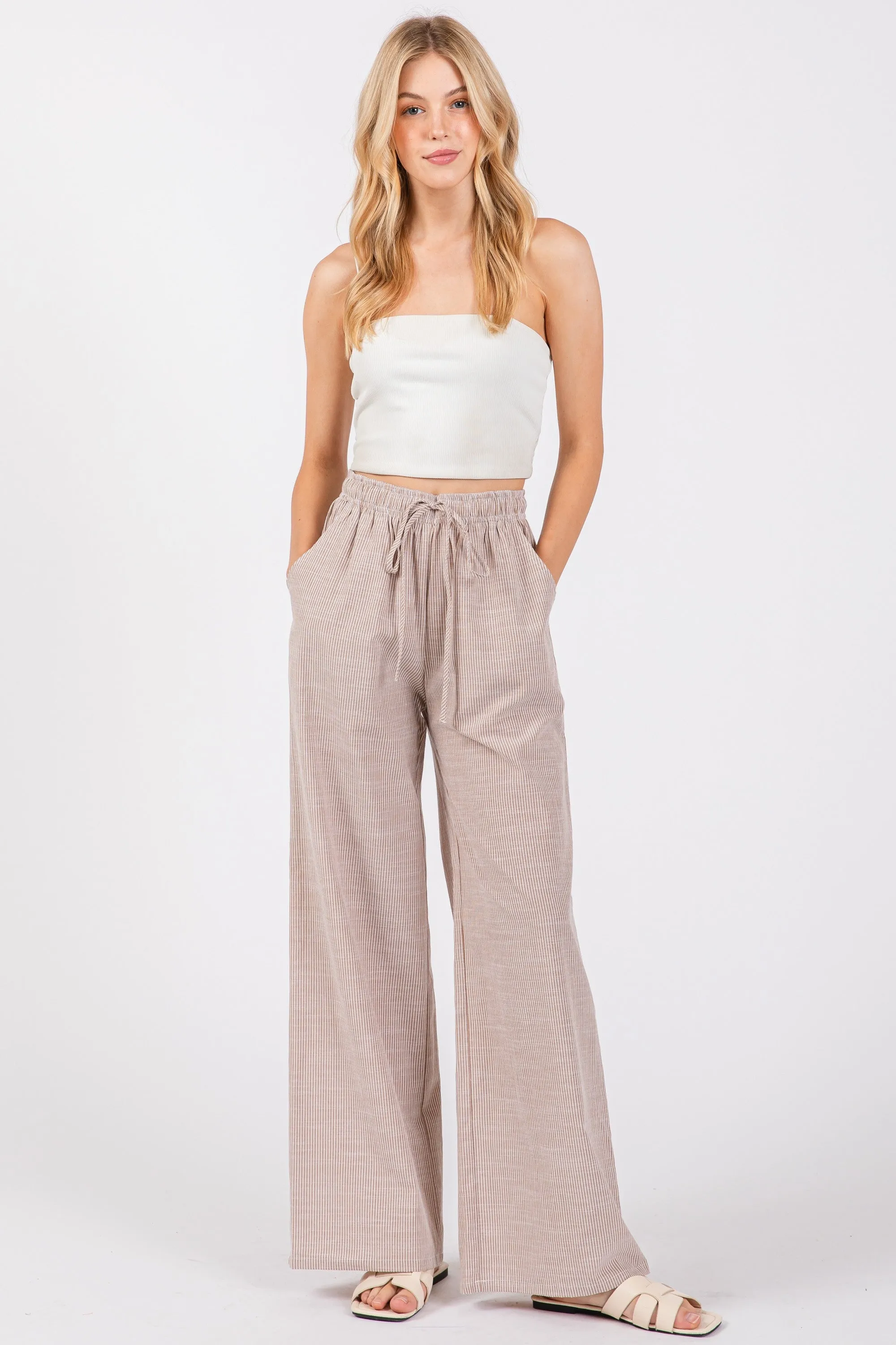Light Taupe Striped Drawstring Wide Leg Pants sold by Pinkblush