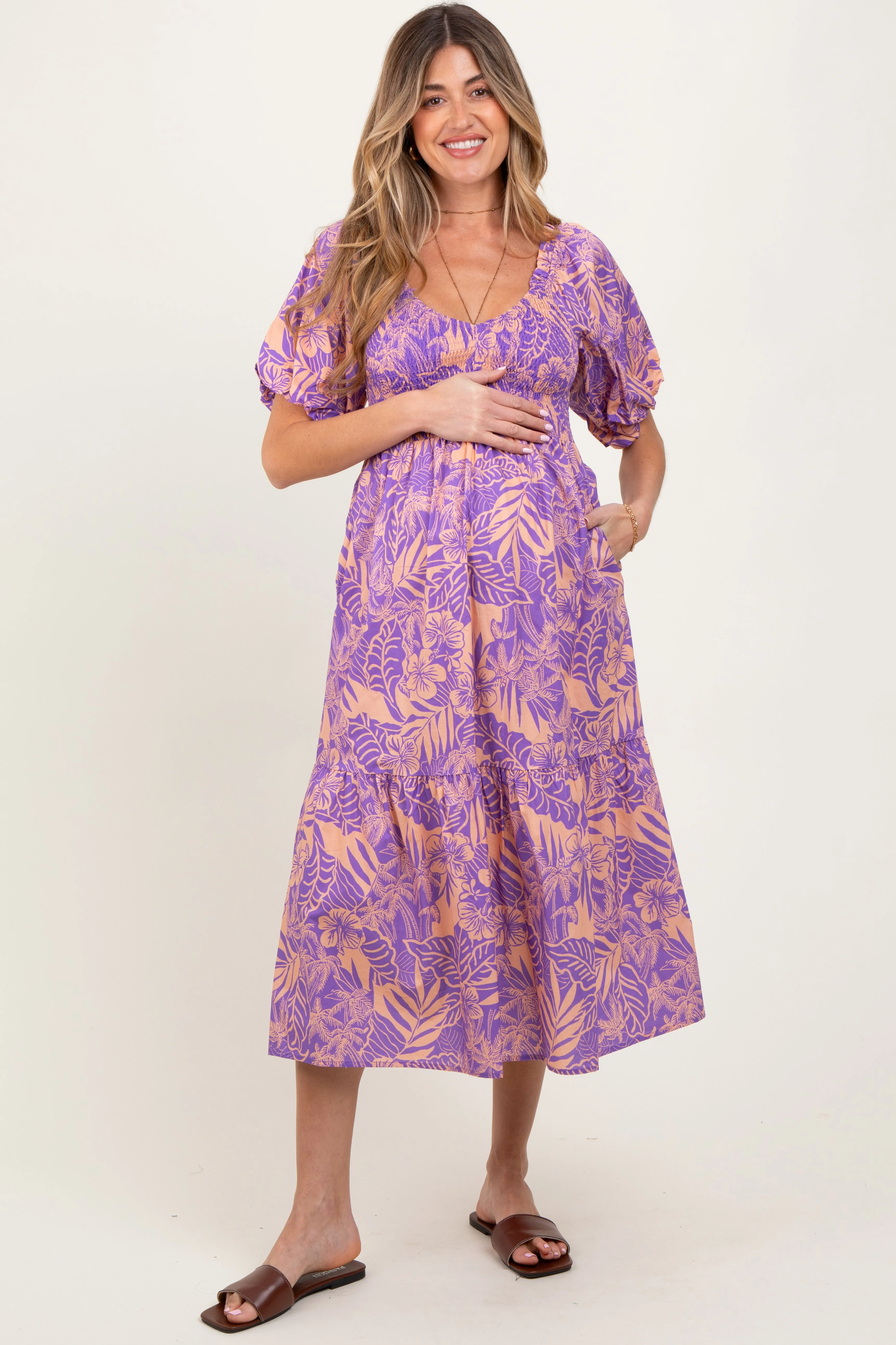 Peach Tropical Floral Smocked Tie Back Maternity Maxi Dress sold by Pinkblush