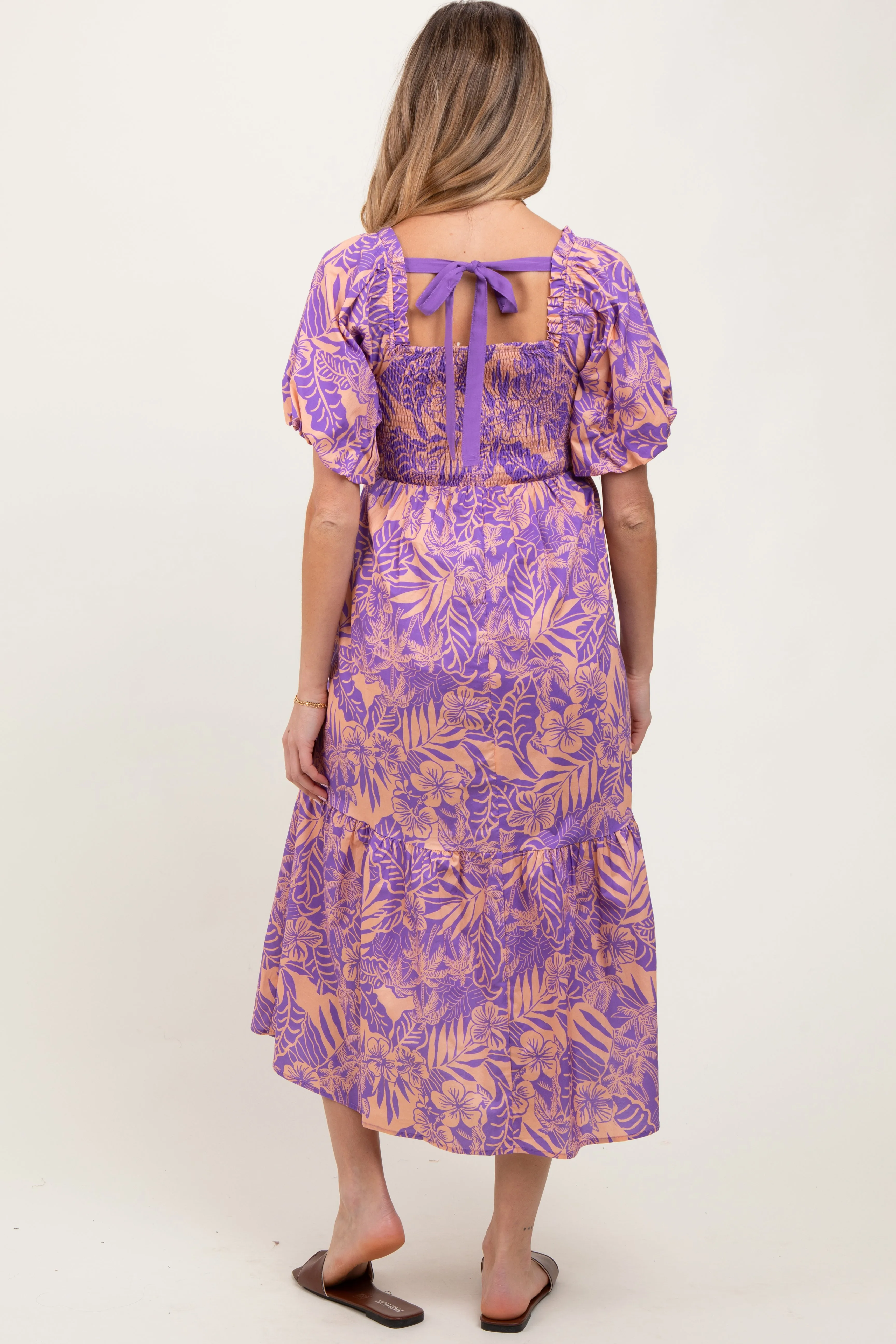 Peach Tropical Floral Smocked Tie Back Maternity Maxi Dress sold by Pinkblush product image thumbnail 2