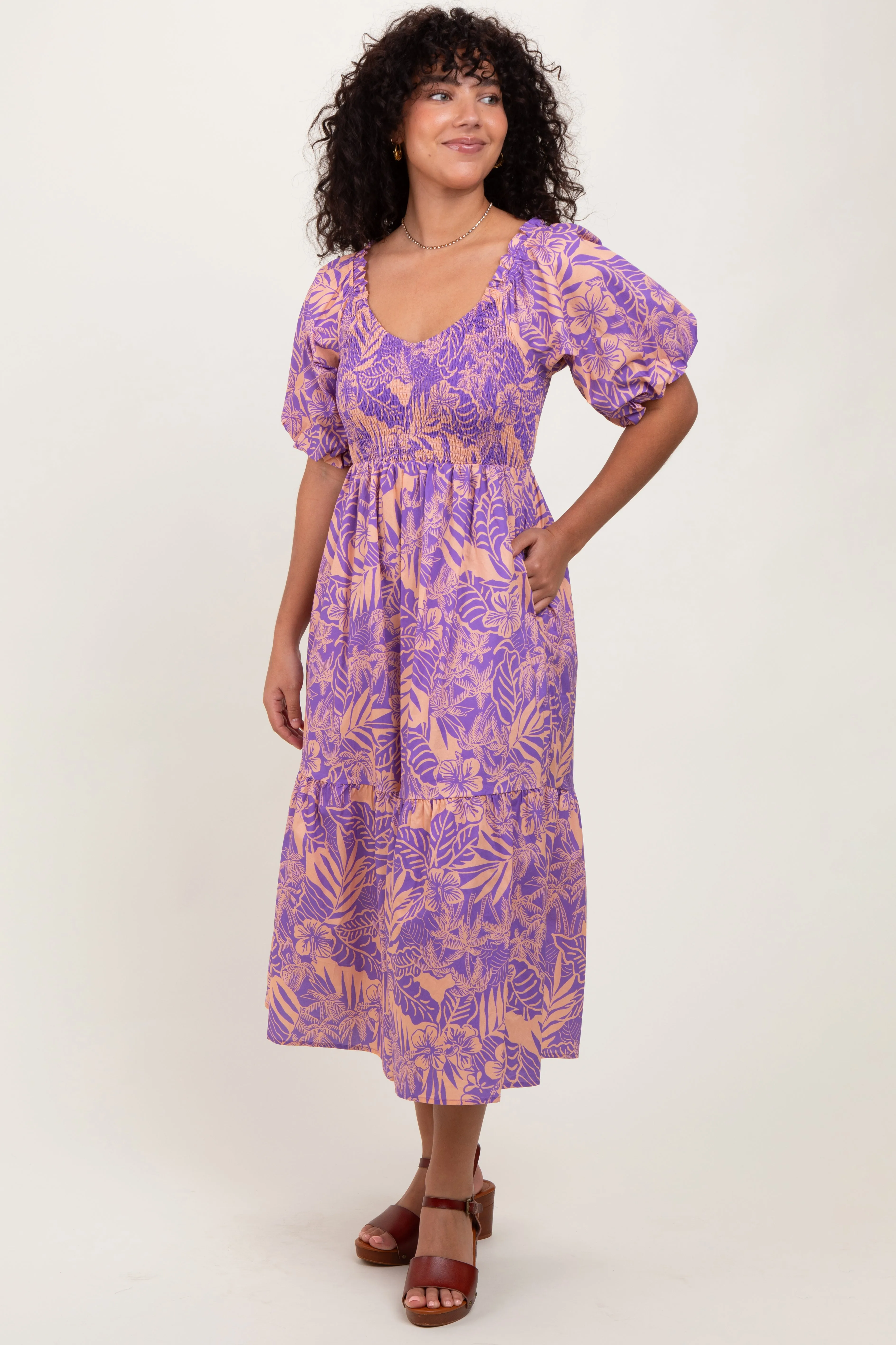 Peach Tropical Floral Smocked Tie Back Maternity Maxi Dress sold by Pinkblush product image thumbnail 3