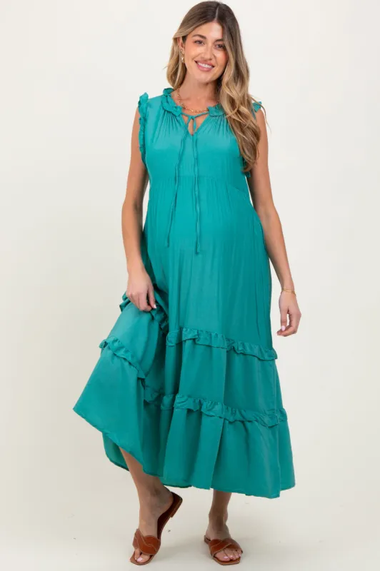 Green Ruffle Accent Tiered Front Tie Maternity Midi Dress sold by Pinkblush