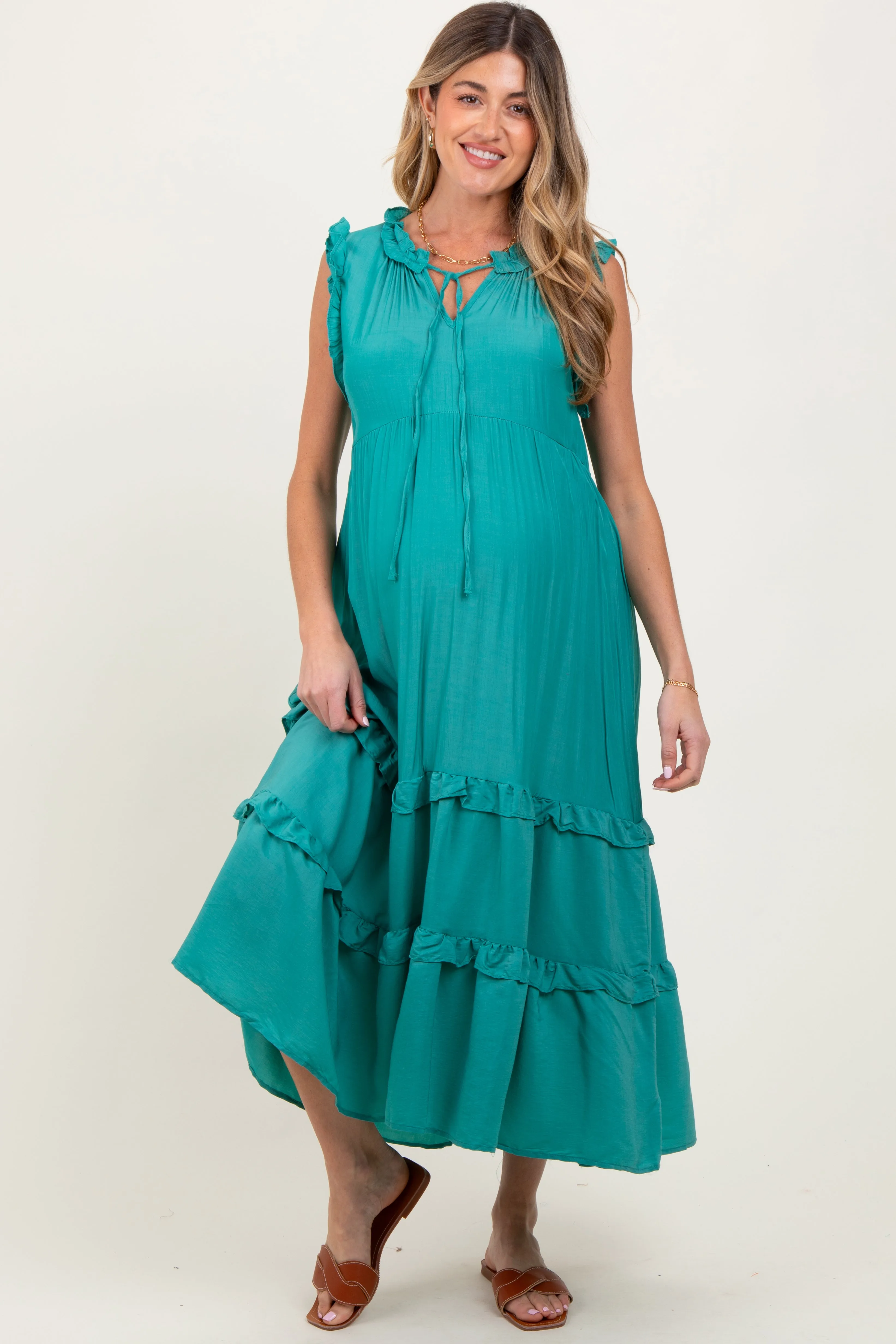 Green Ruffle Accent Tiered Front Tie Maternity Midi Dress sold by Pinkblush