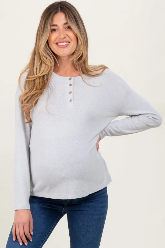 Light Grey Brushed Knit Henley Maternity Top sold by Pinkblush