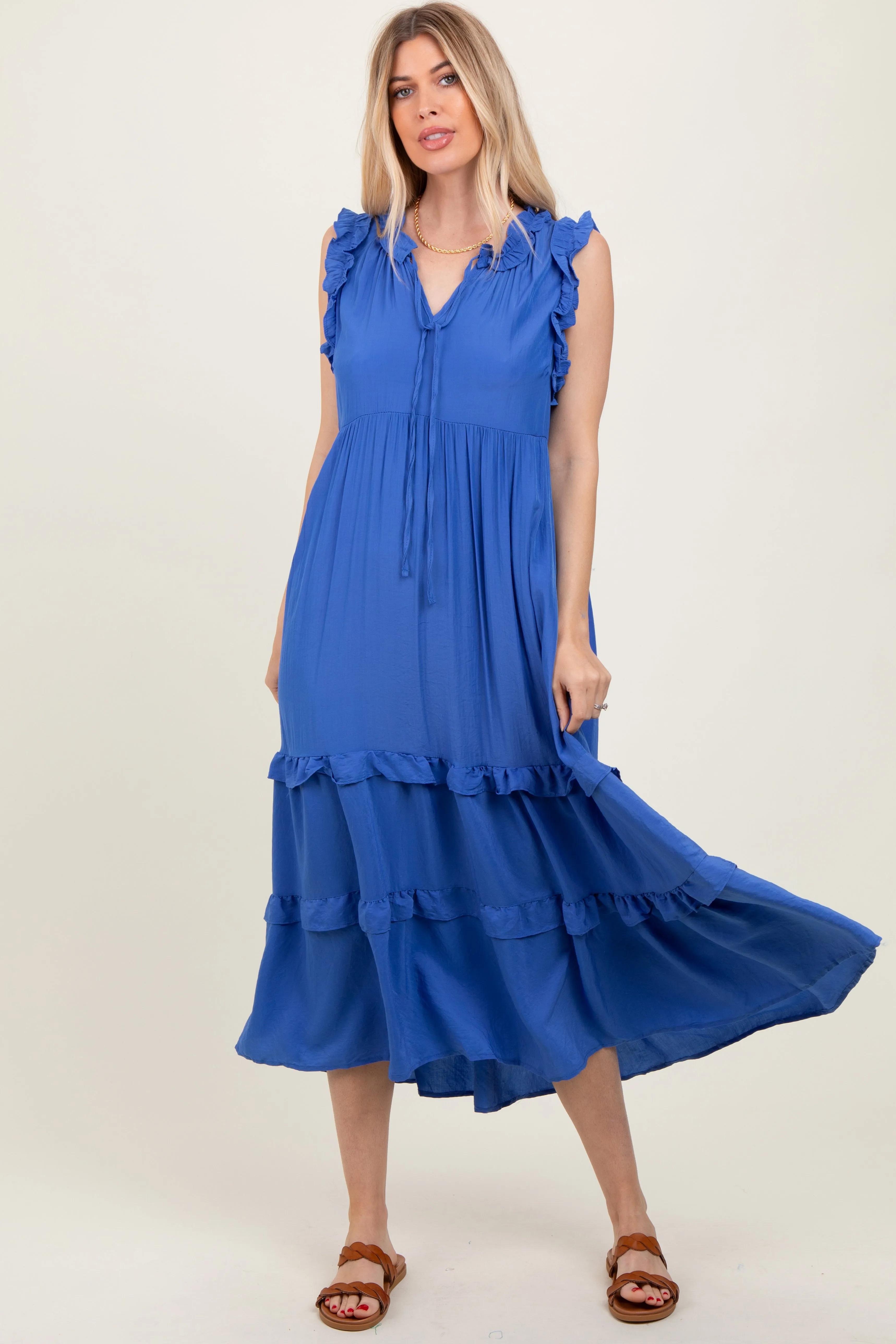 Blue Ruffle Accent Tiered Front Tie Maternity Midi Dress sold by Pinkblush product image thumbnail 5