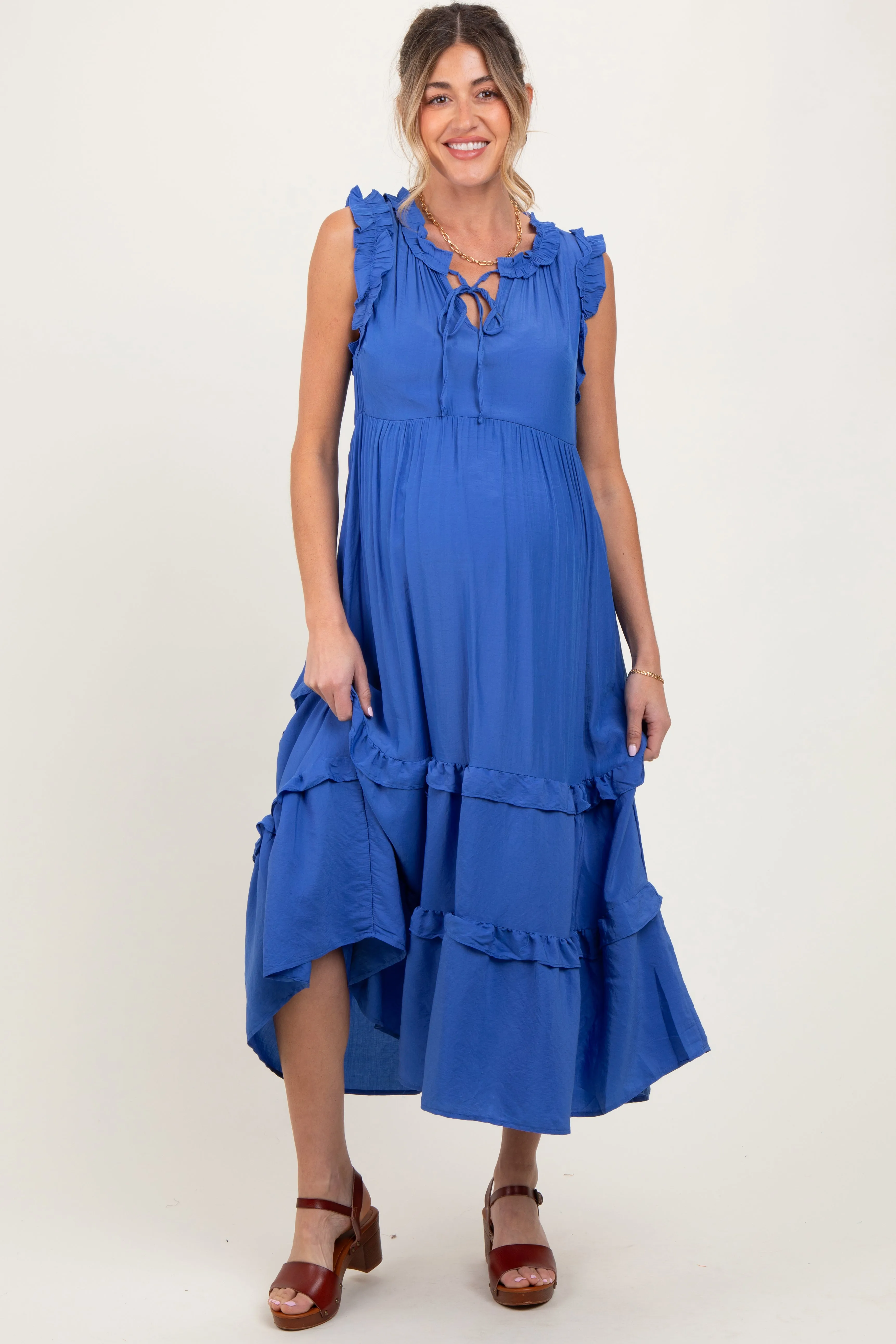 Blue Ruffle Accent Tiered Front Tie Maternity Midi Dress sold by Pinkblush product image thumbnail 2
