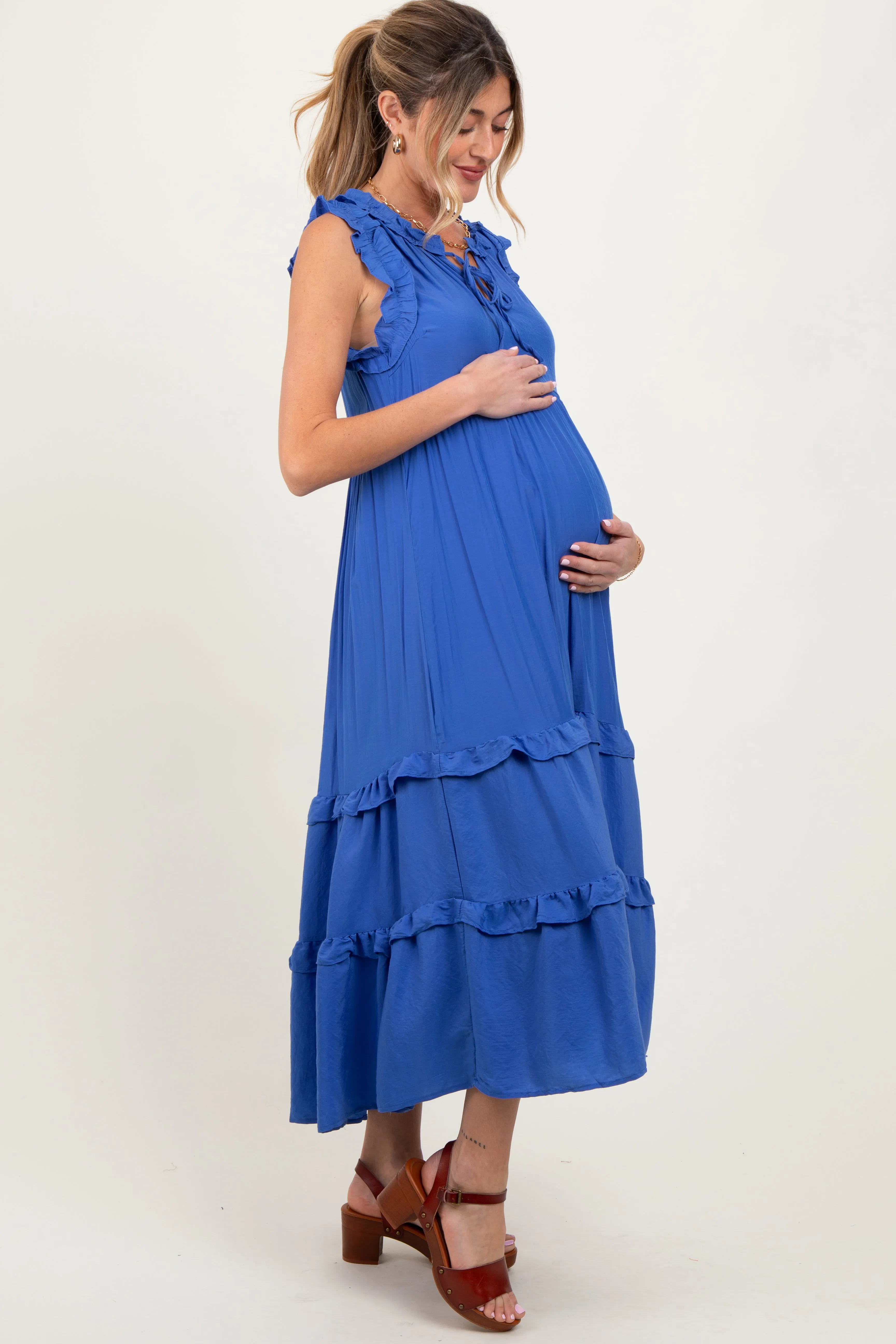 Blue Ruffle Accent Tiered Front Tie Maternity Midi Dress sold by Pinkblush product image thumbnail 3