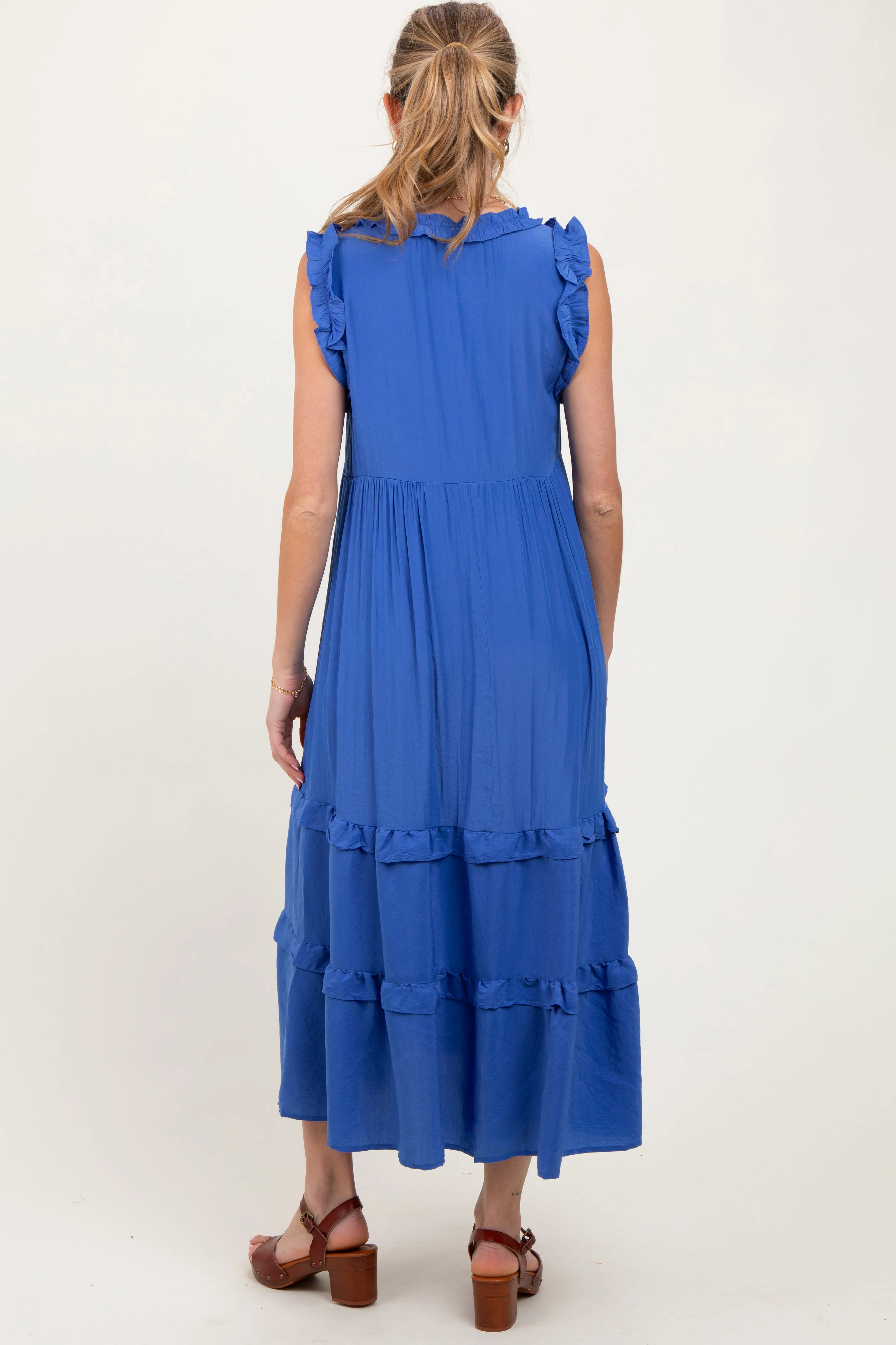 Blue Ruffle Accent Tiered Front Tie Maternity Midi Dress sold by Pinkblush product image thumbnail 4