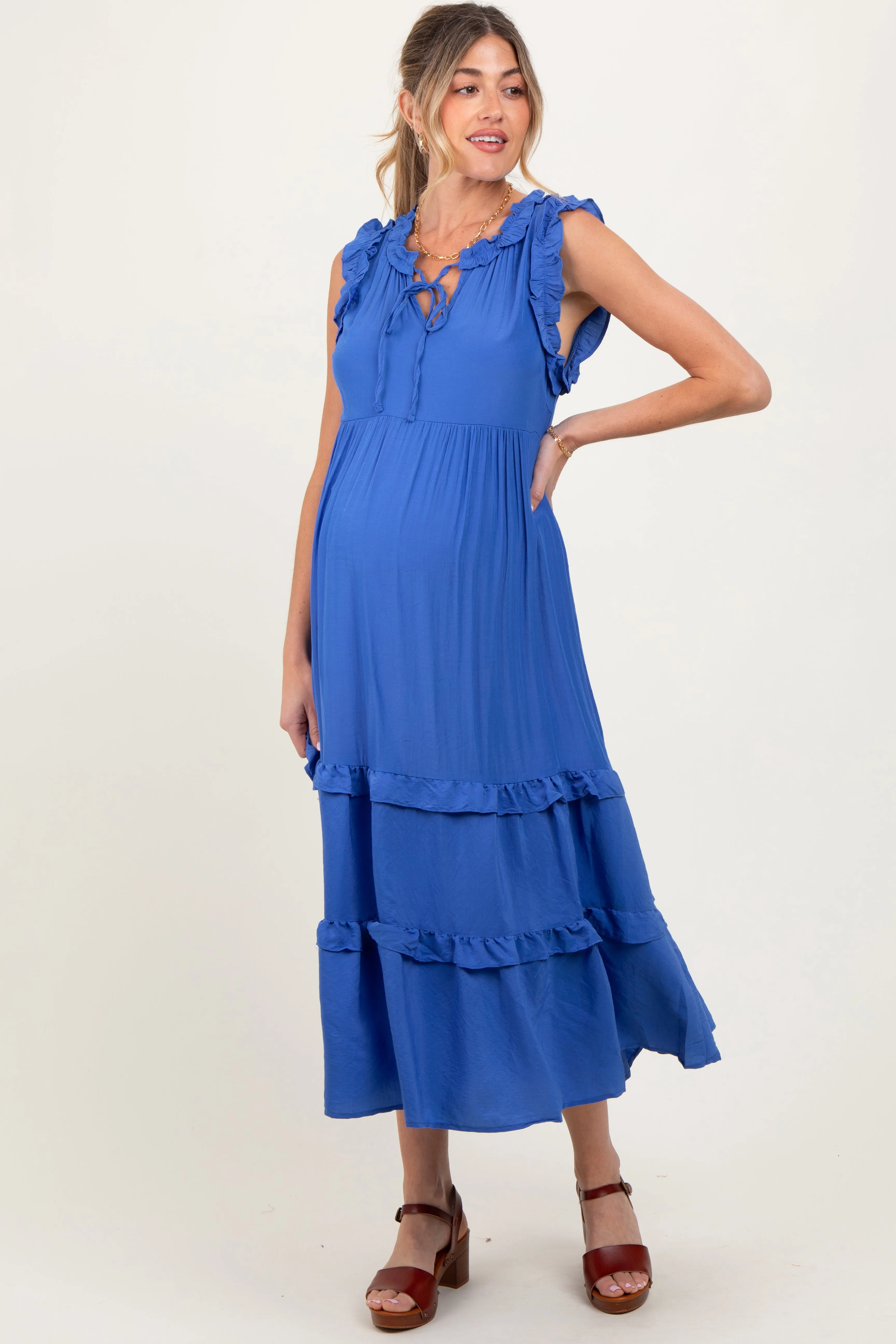 Blue Ruffle Accent Tiered Front Tie Maternity Midi Dress sold by Pinkblush