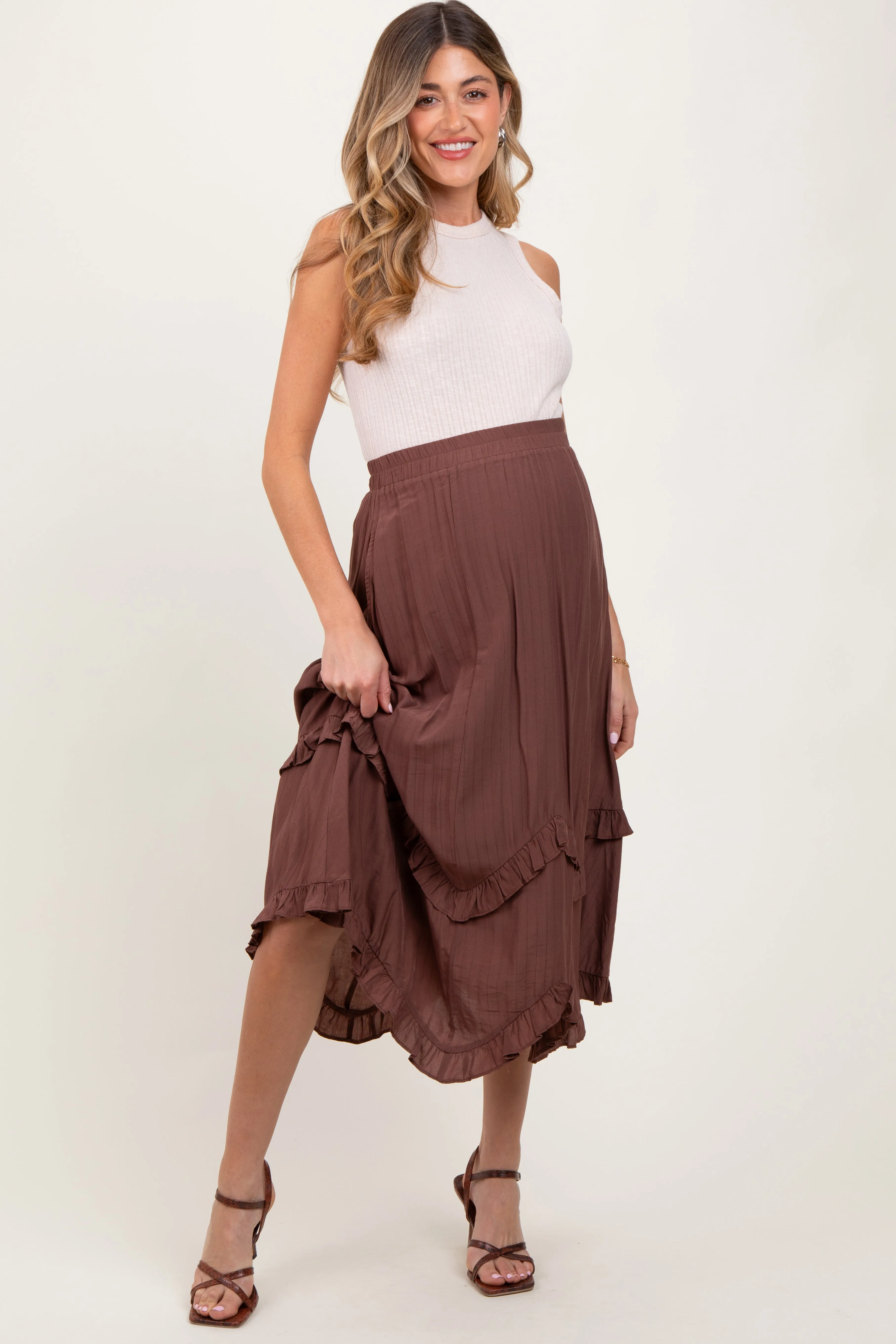 Mocha Ruffle Tiered Maternity Midi Skirt sold by Pinkblush product image thumbnail 2