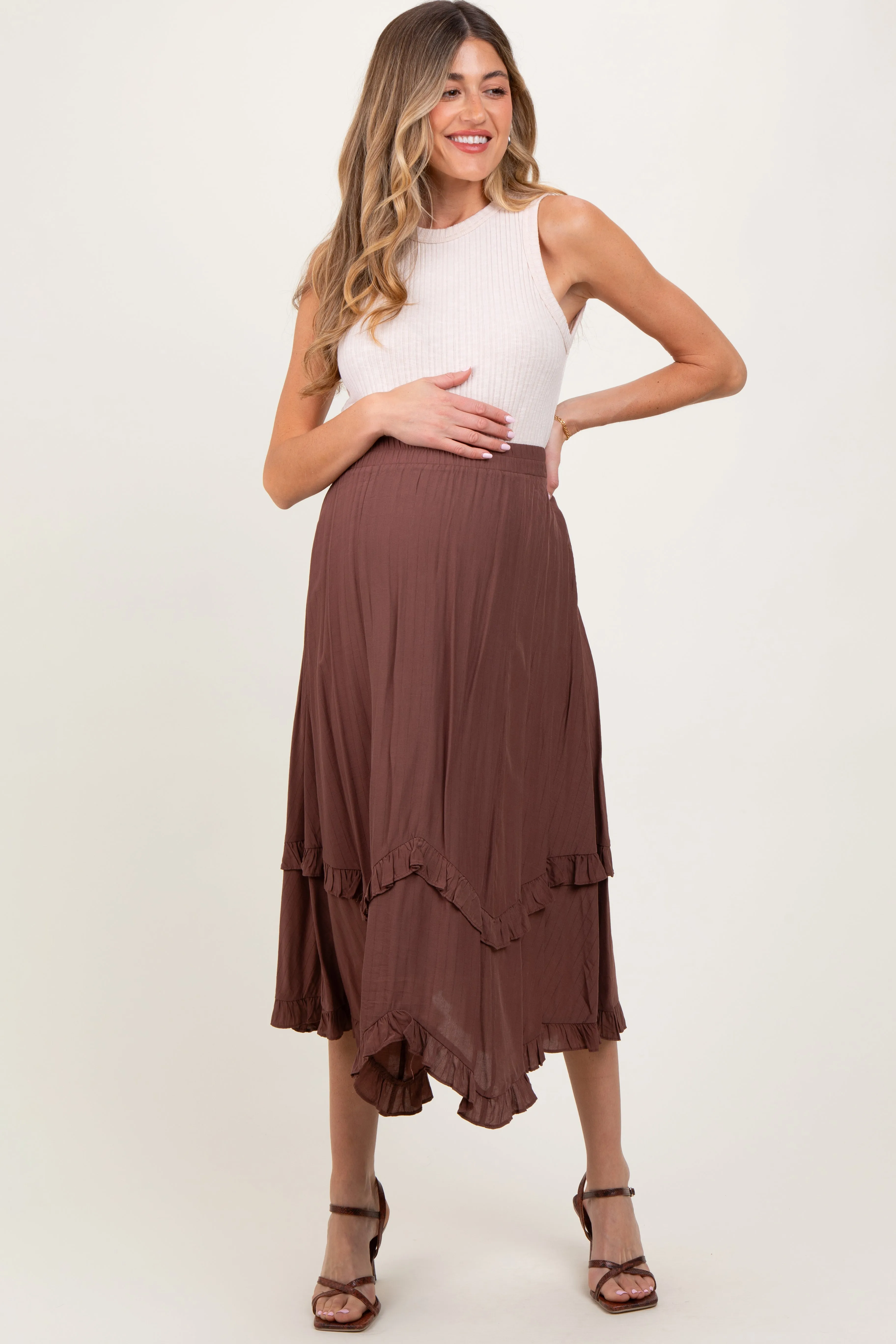 Mocha Ruffle Tiered Maternity Midi Skirt sold by Pinkblush