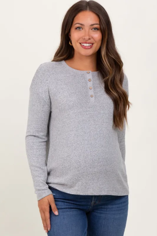 Heather Grey Brushed Knit Henley Maternity Top sold by Pinkblush