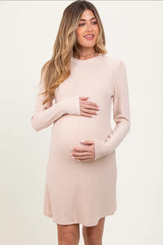 Cream Textured Knit Ruffle Neck Long Sleeve Maternity Mini Dress made by Doe & Rae