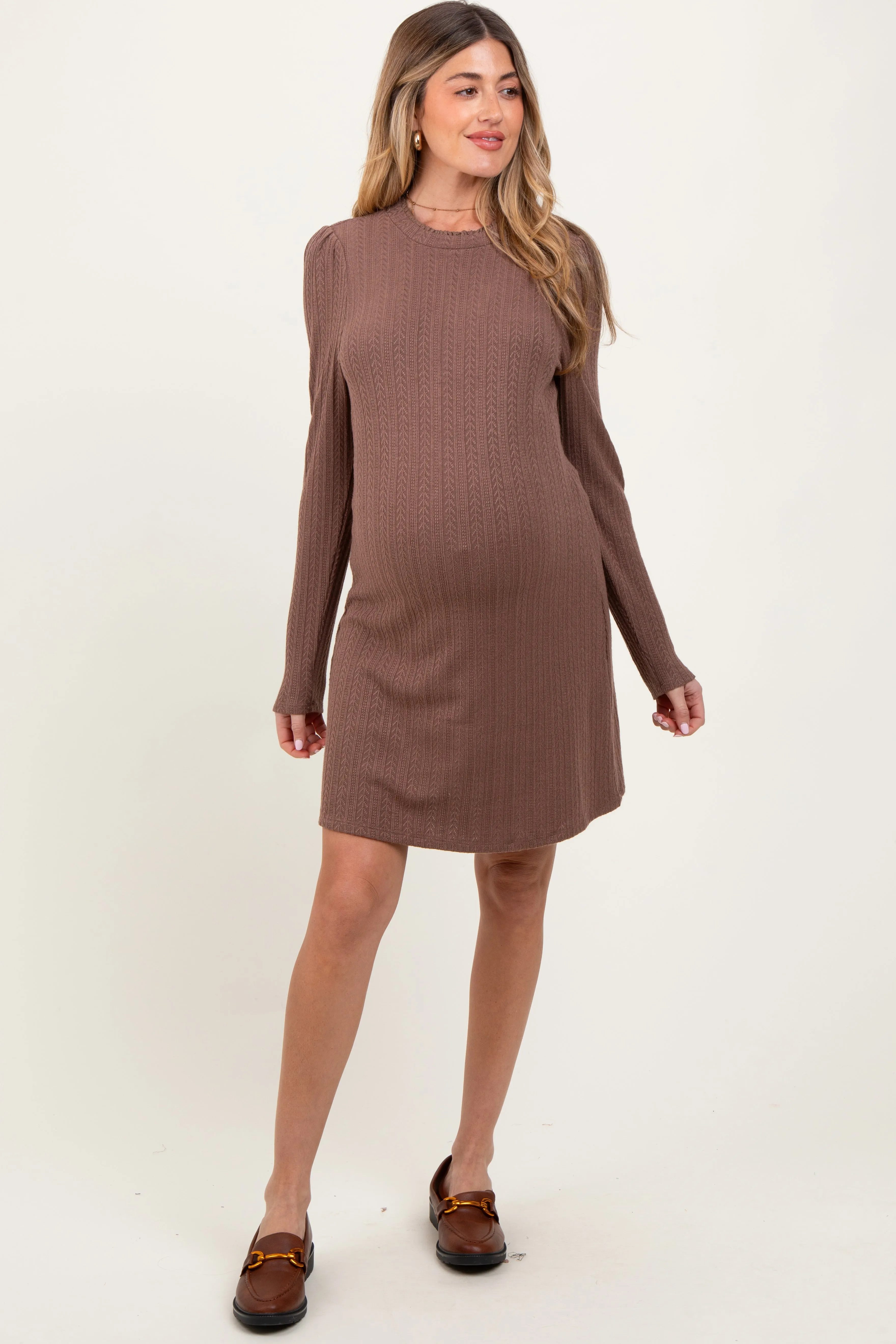 Mocha Textured Knit Ruffle Neck Long Sleeve Maternity Mini Dress sold by Pinkblush product image thumbnail 2