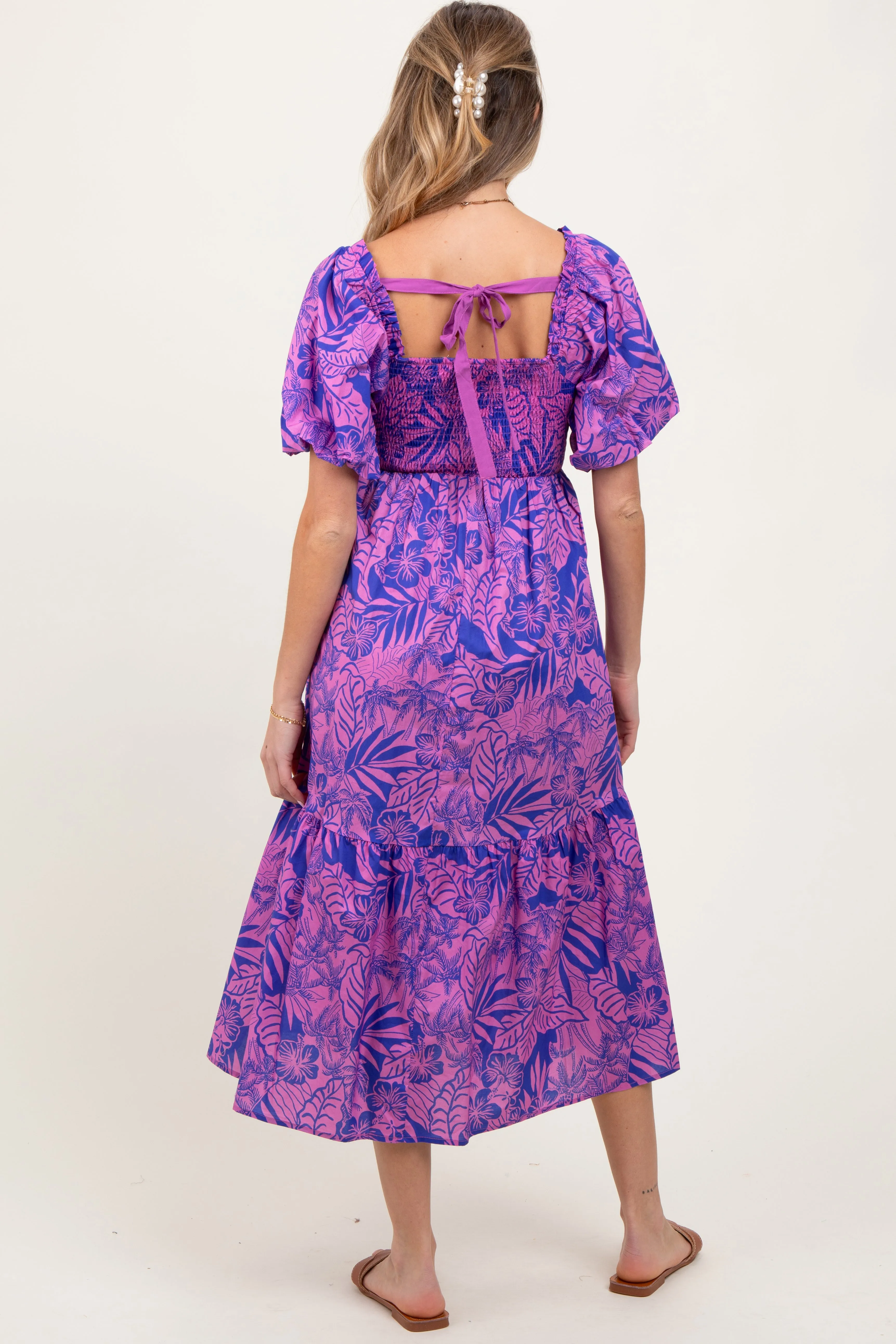 Magenta Tropical Floral Smocked Tie Back Maternity Maxi Dress sold by Pinkblush product image thumbnail 4