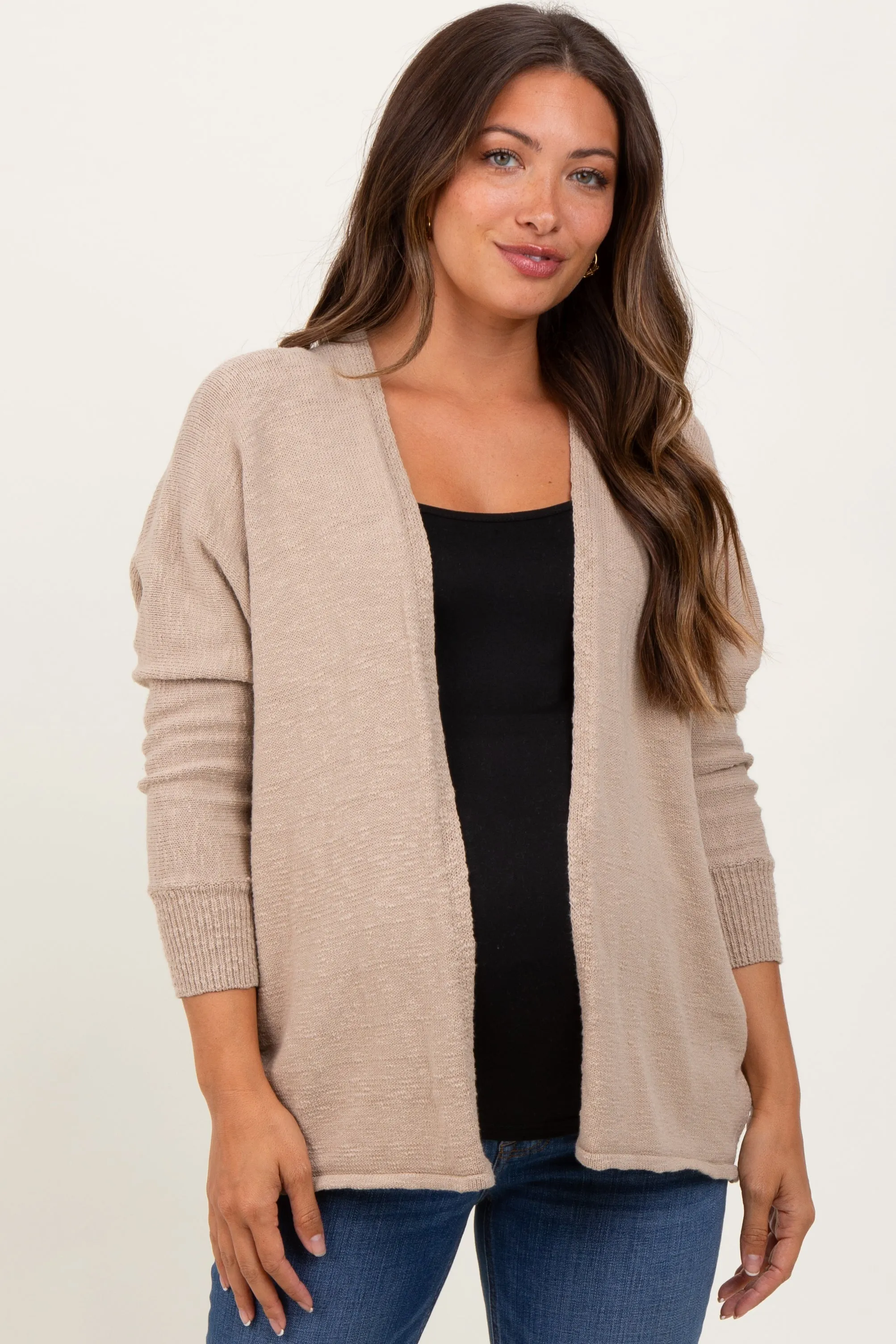 Taupe Slub Knit Open Maternity Cardigan sold by Pinkblush
