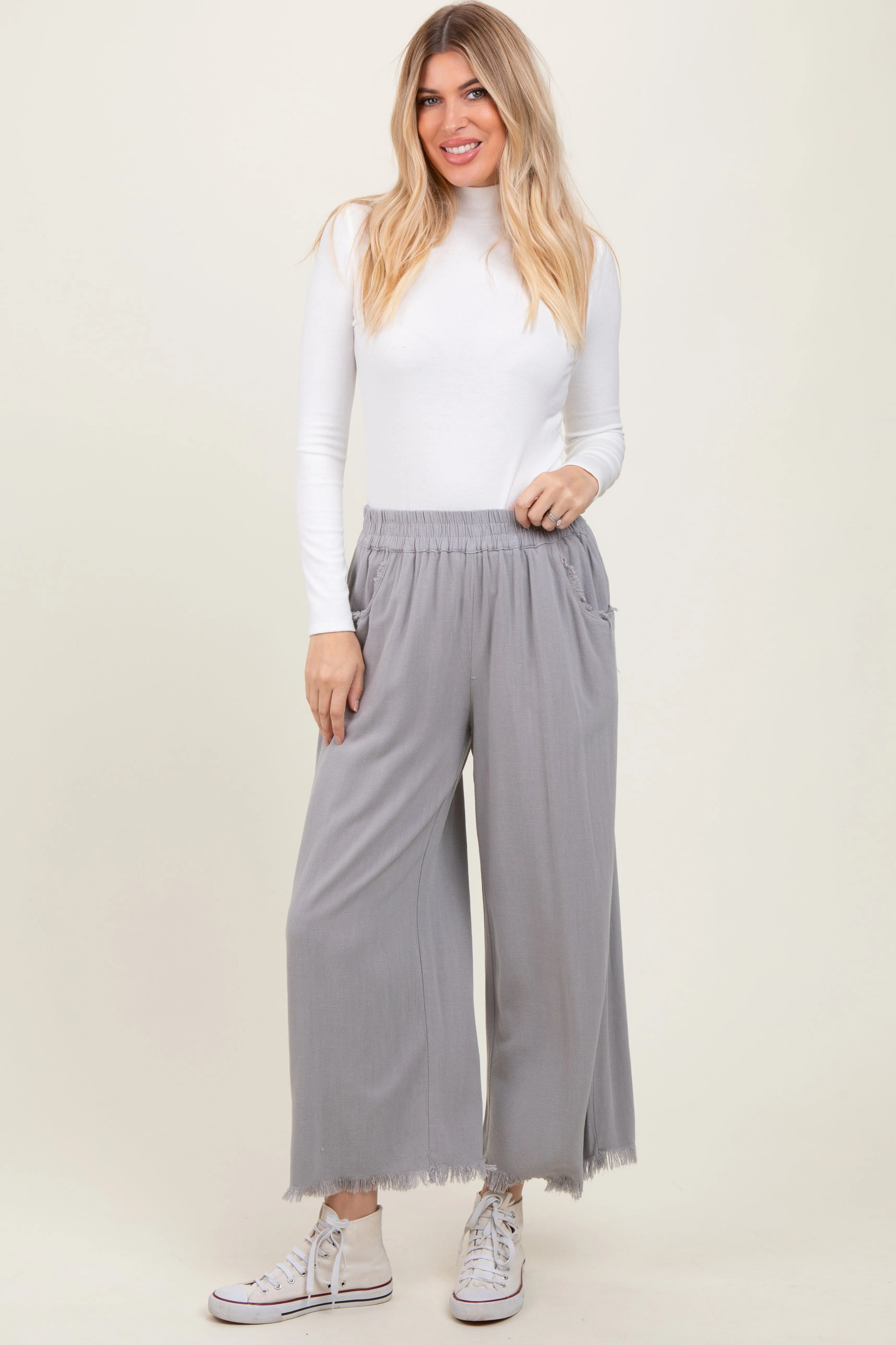 Grey Linen Frayed Hem Crop Maternity Pants sold by Pinkblush product image thumbnail 5