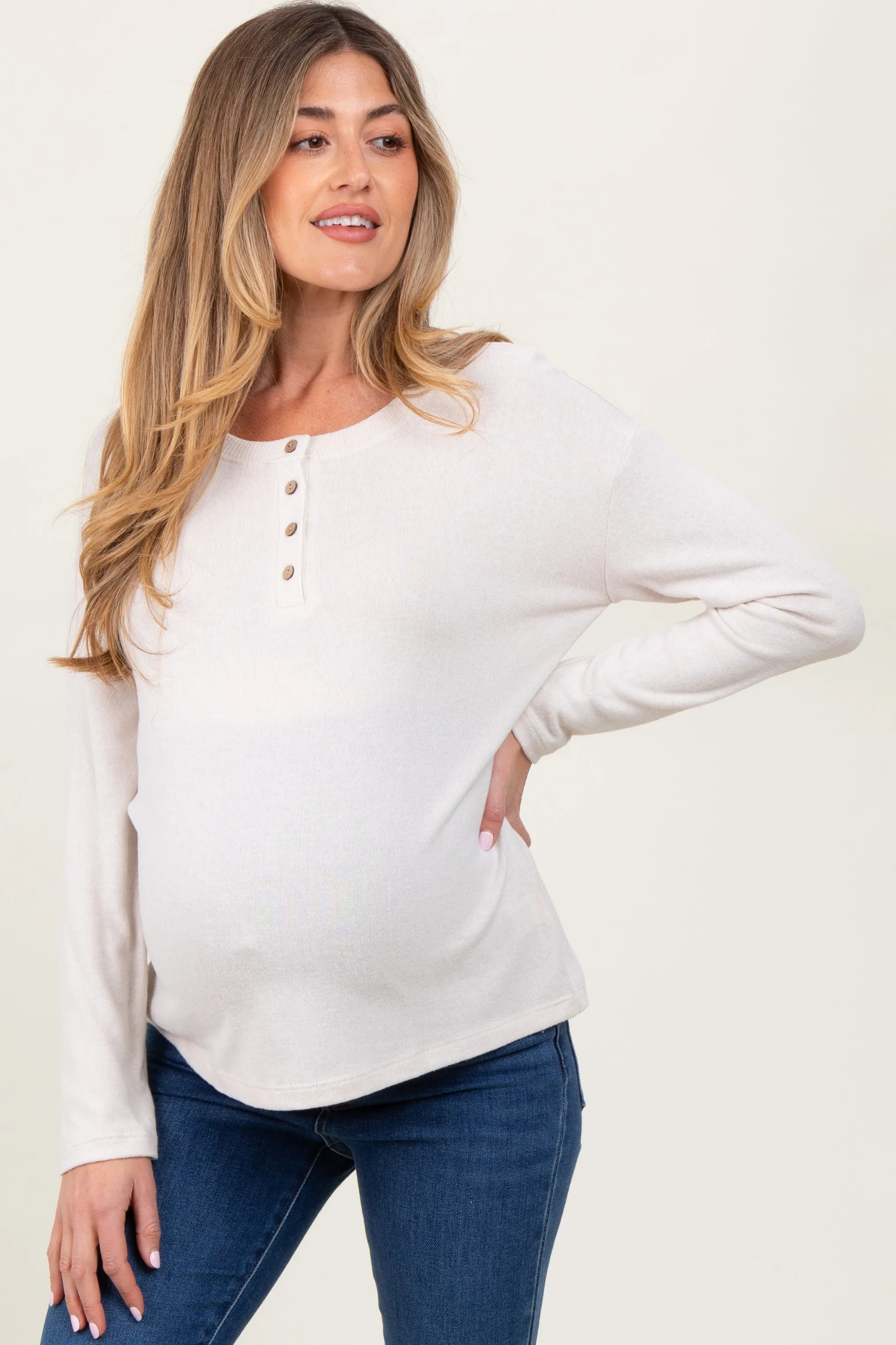 Cream Brushed Knit Henley Maternity Top sold by Pinkblush