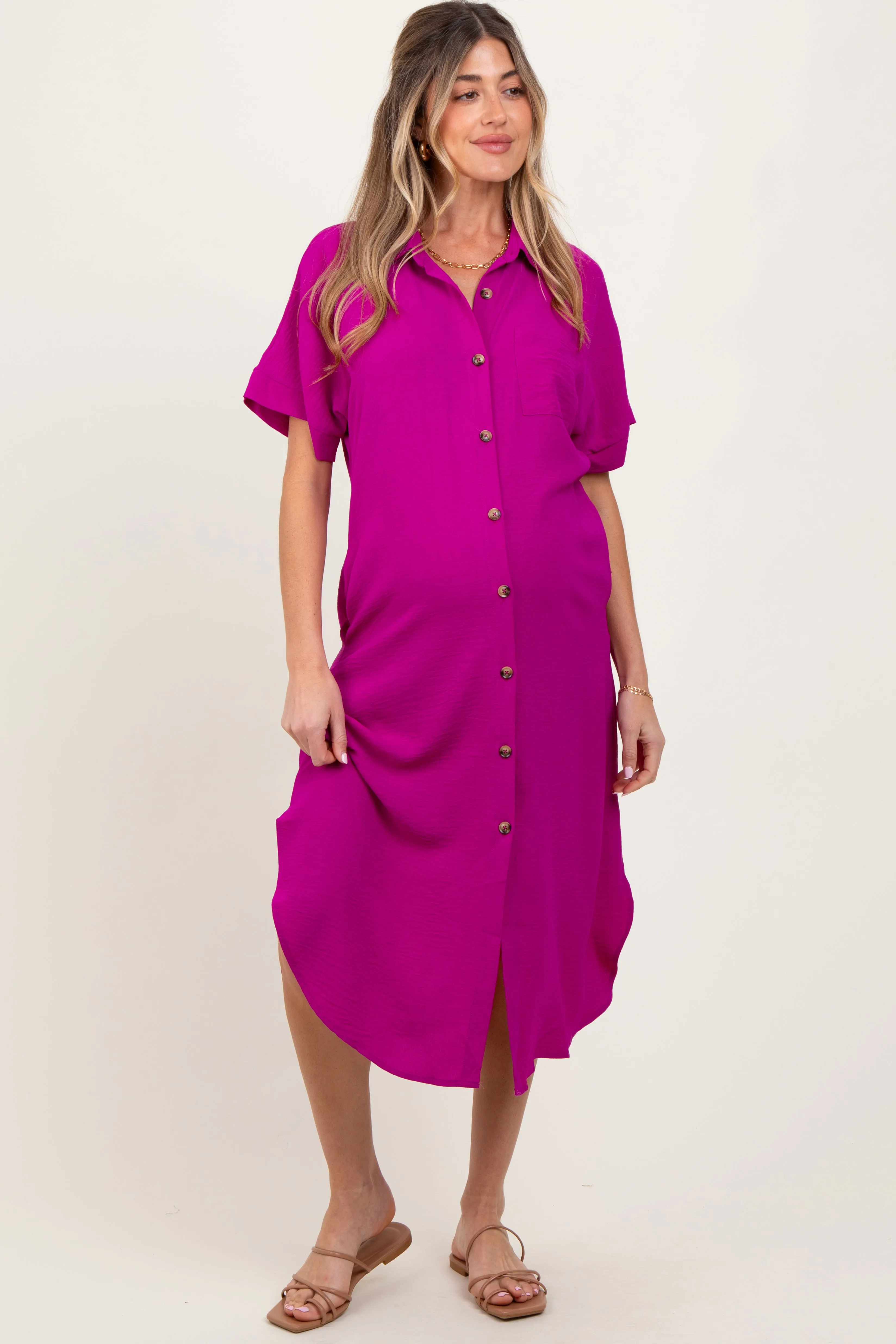 Fuchsia Button Down Front Pocket Maternity Midi Dress sold by Pinkblush