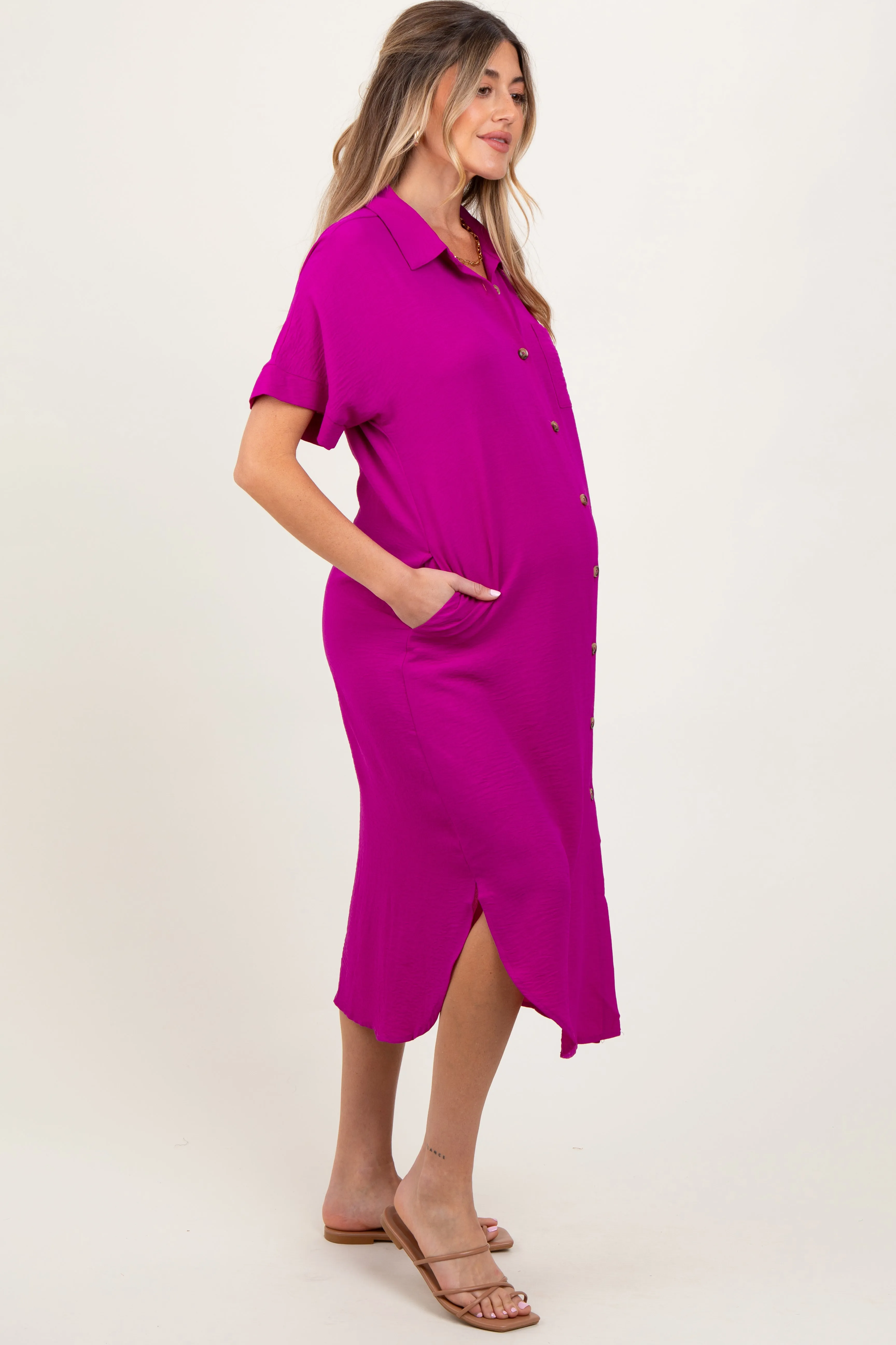 Fuchsia Button Down Front Pocket Maternity Midi Dress sold by Pinkblush product image thumbnail 2