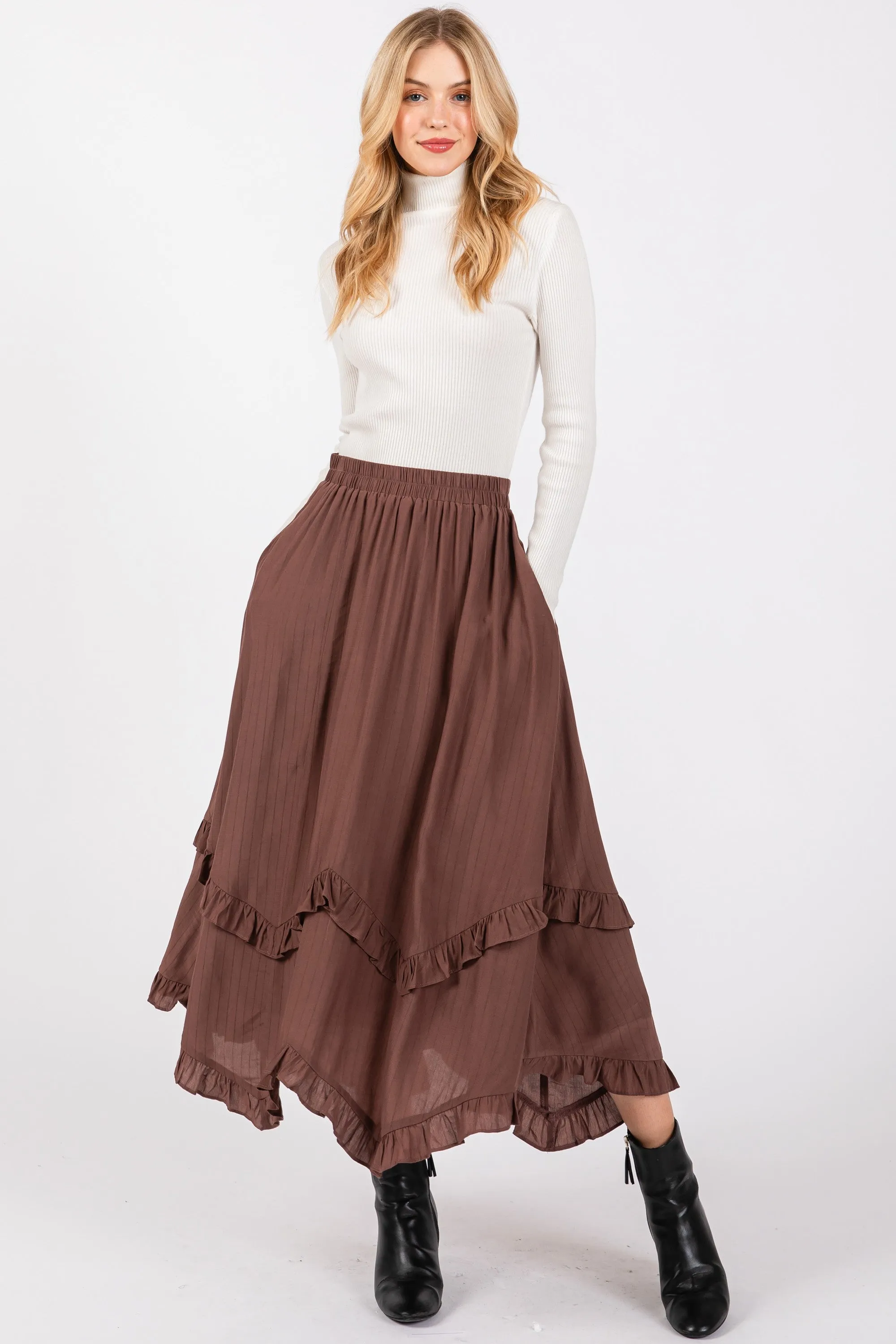 Mocha Ruffle Tiered Midi Skirt sold by Pinkblush product image thumbnail 2