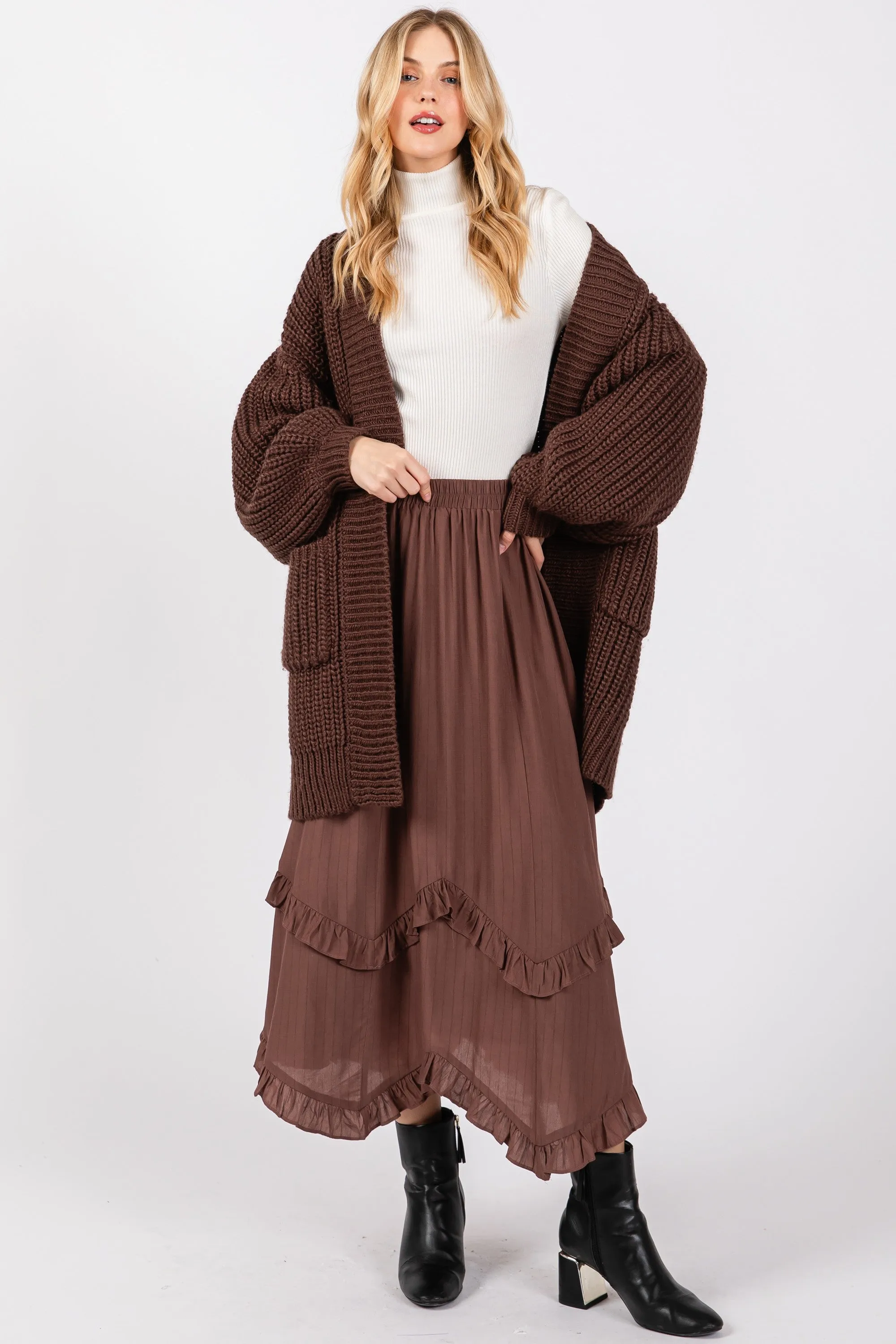 Mocha Ruffle Tiered Midi Skirt sold by Pinkblush