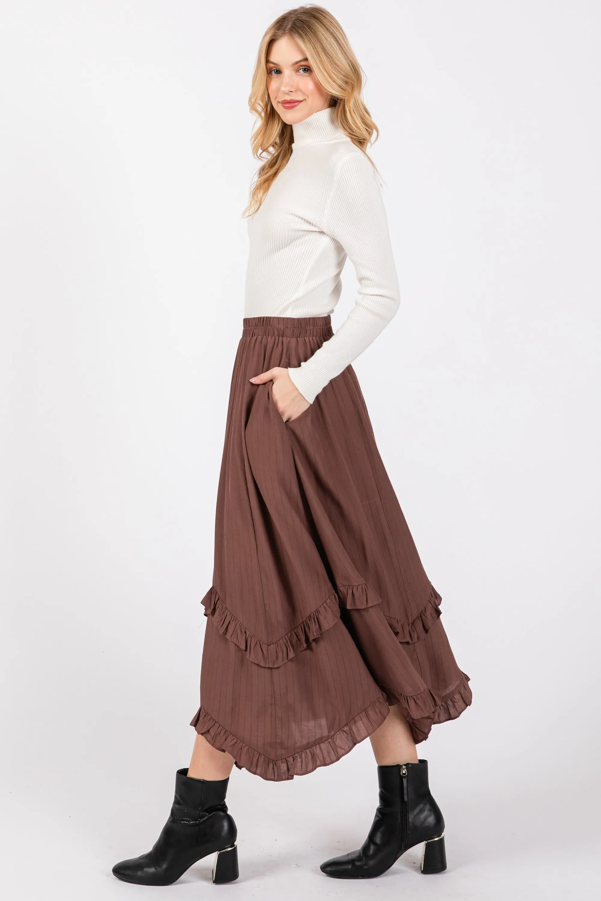 Mocha Ruffle Tiered Midi Skirt sold by Pinkblush product image thumbnail 3