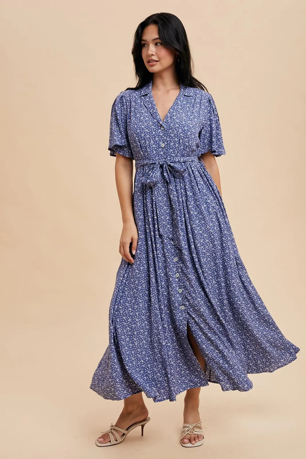 Blue Flutter Sleeve Button Down Maxi Dress sold by Pinkblush