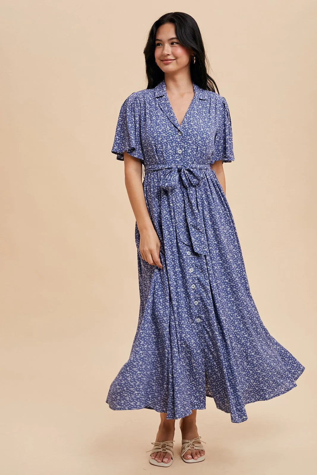 Blue Flutter Sleeve Button Down Maxi Dress sold by Pinkblush product image thumbnail 2