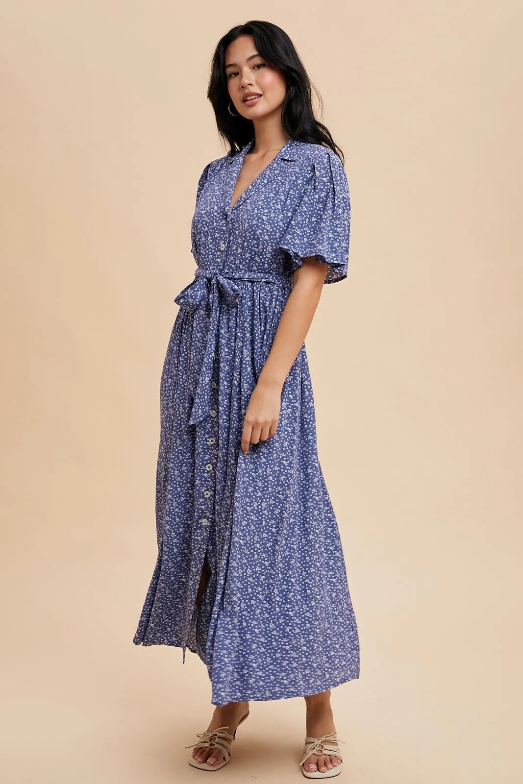 Blue Flutter Sleeve Button Down Maxi Dress sold by Pinkblush product image thumbnail 3