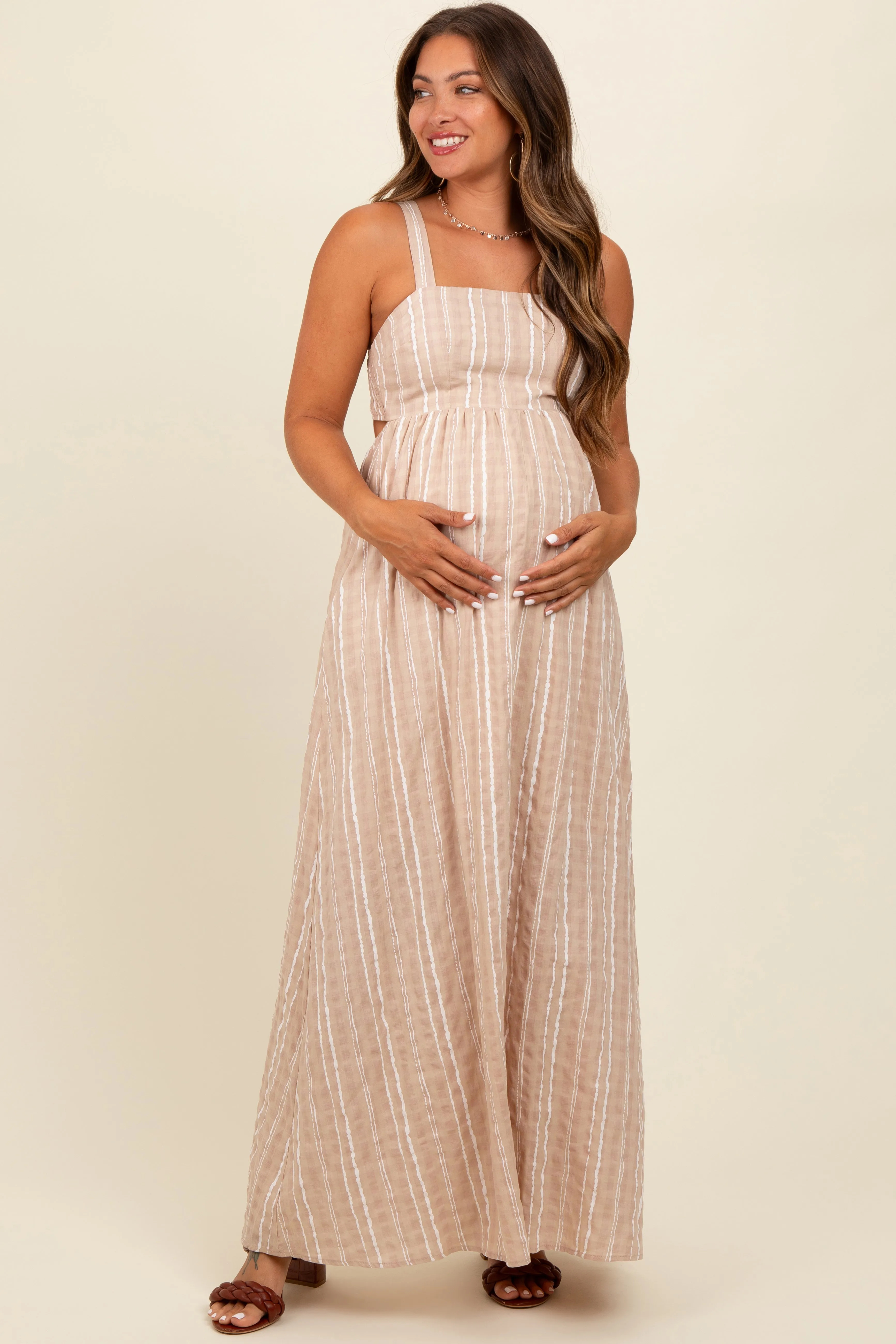 Beige Striped Back Cut Out Maternity Maxi Dress sold by Pinkblush product image thumbnail 4