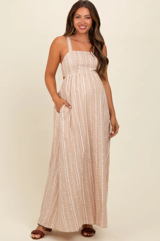 Beige Striped Back Cut Out Maternity Maxi Dress sold by Pinkblush
