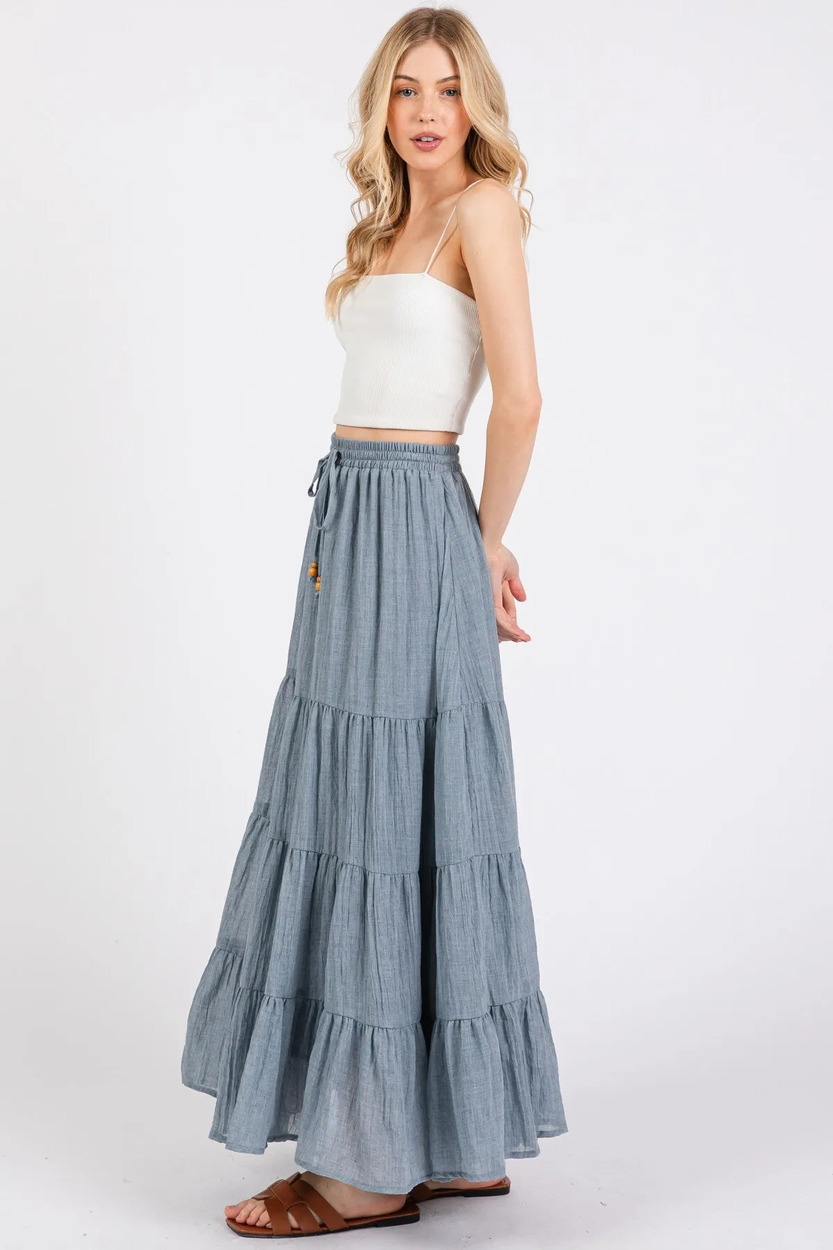 Blue Drawstring Tiered Maxi Skirt sold by Pinkblush product image thumbnail 2