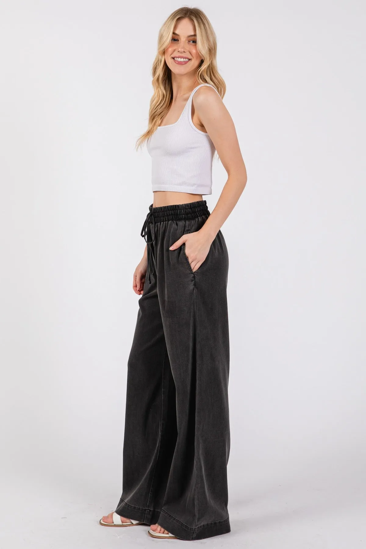 Black Vintage Wash Chambray Wide Leg Pants sold by Pinkblush product image thumbnail 3