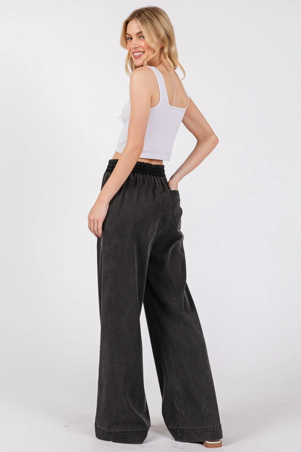 Black Vintage Wash Chambray Wide Leg Pants sold by Pinkblush product image thumbnail 4