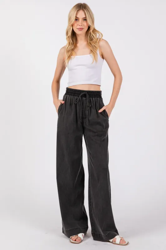 Black Vintage Wash Chambray Wide Leg Pants sold by Pinkblush