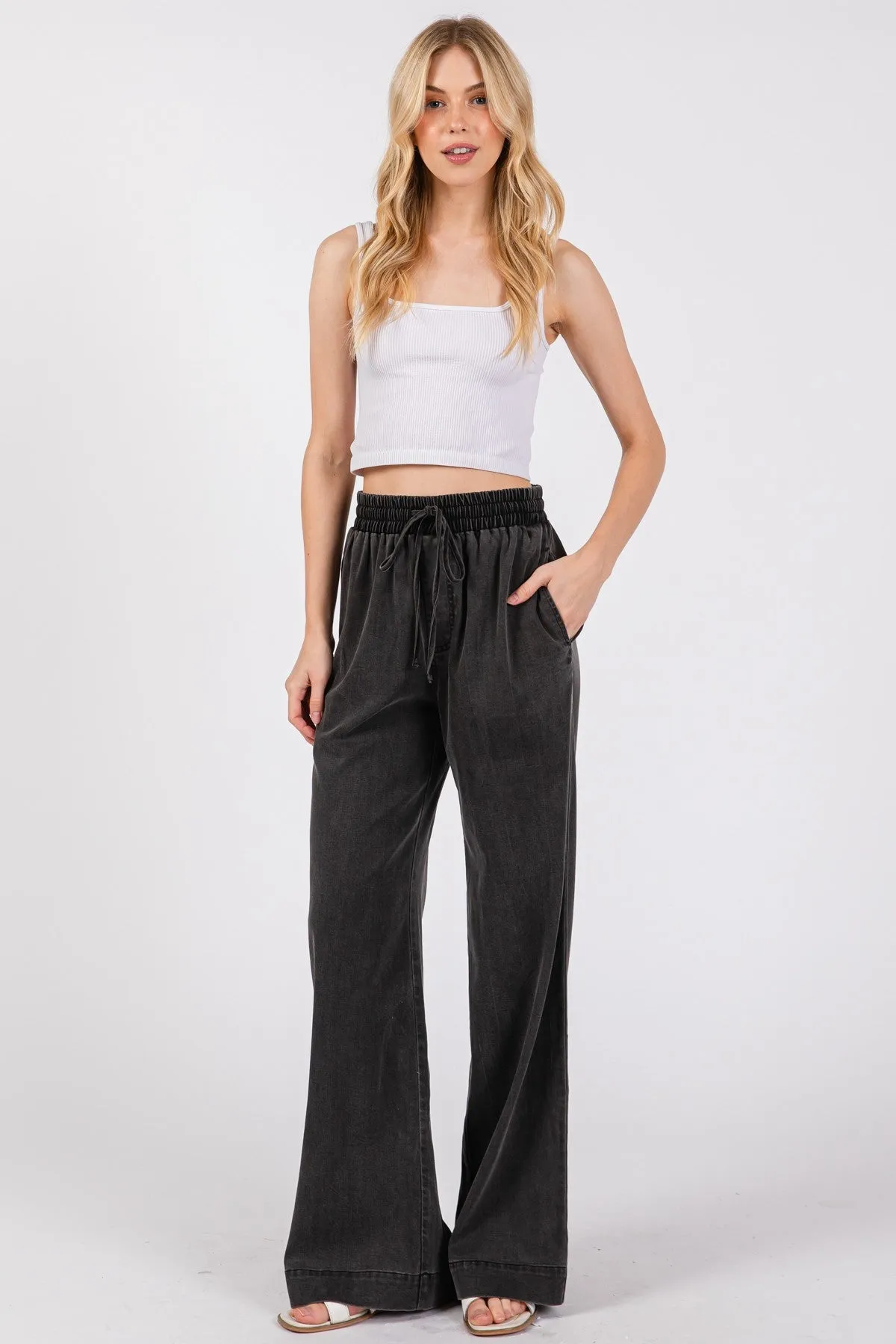 Black Vintage Wash Chambray Wide Leg Pants sold by Pinkblush product image thumbnail 2