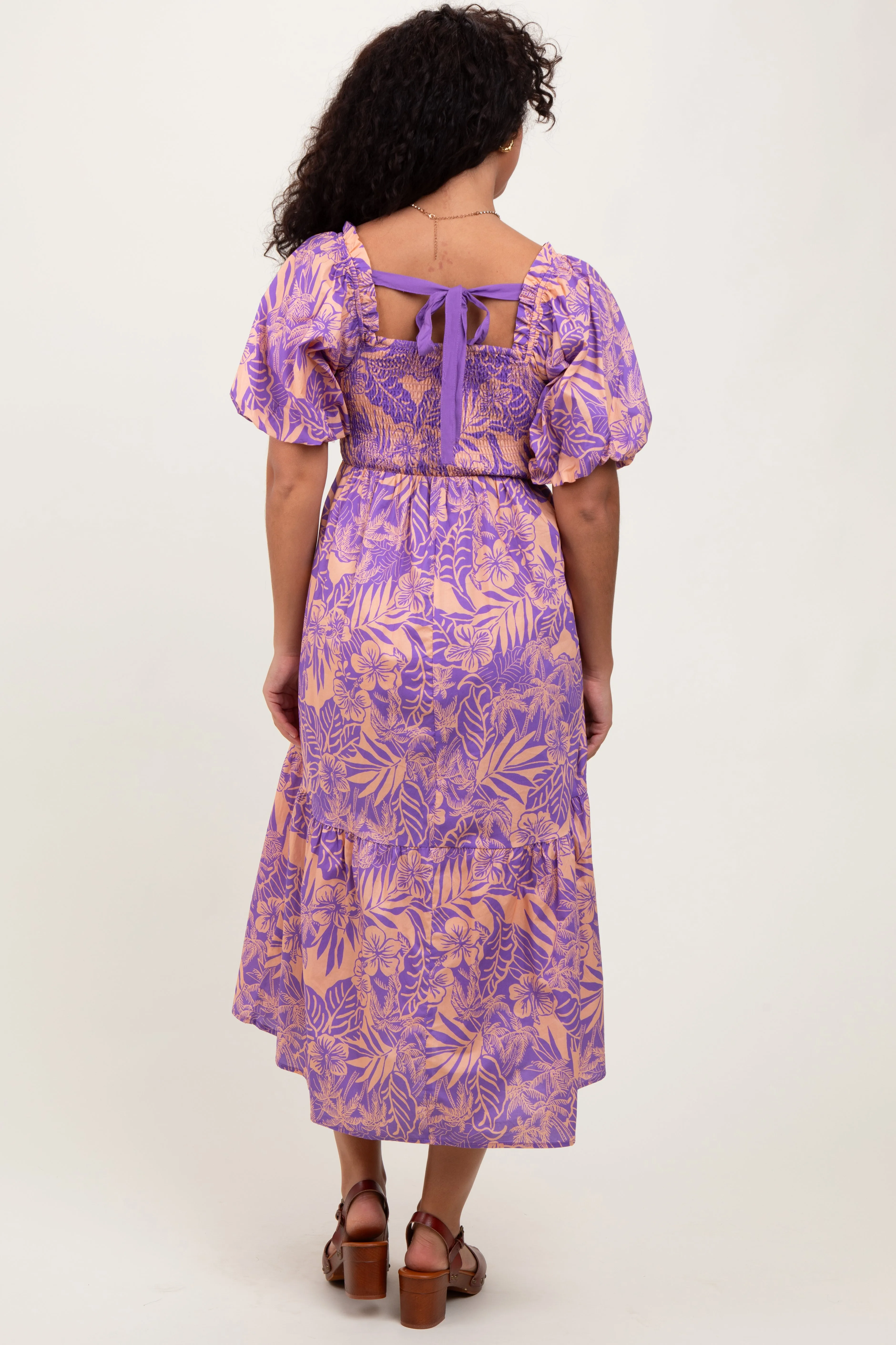 Peach Tropical Floral Smocked Tie Back Maxi Dress sold by Pinkblush product image thumbnail 3