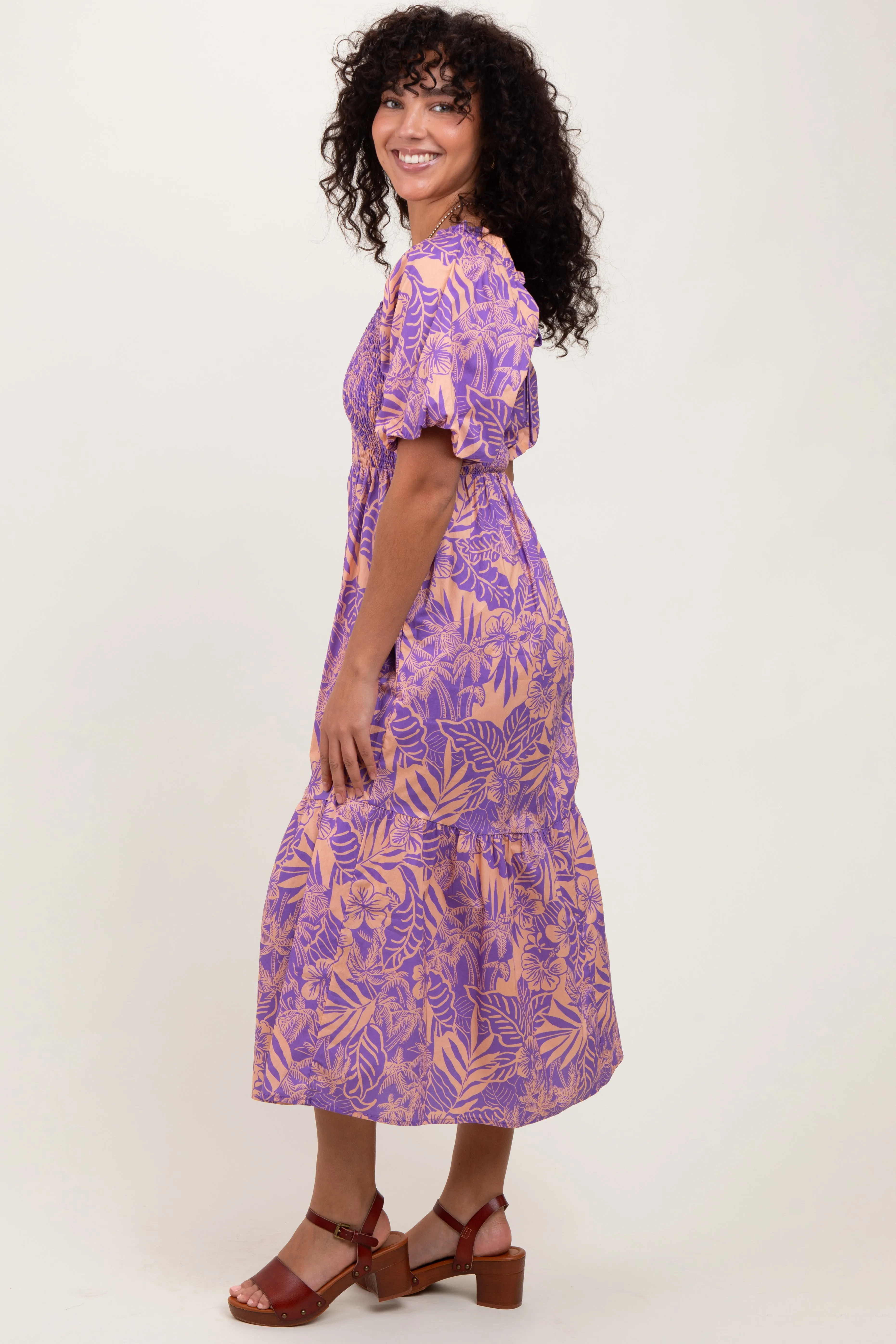 Peach Tropical Floral Smocked Tie Back Maxi Dress sold by Pinkblush product image thumbnail 2