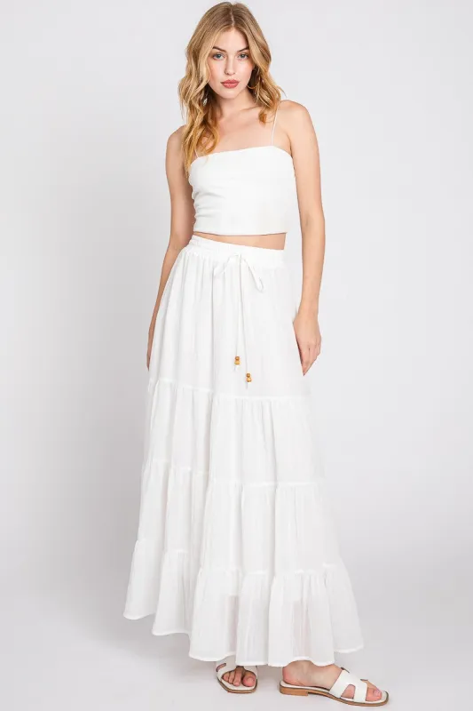 White Drawstring Tiered Maxi Skirt sold by Pinkblush