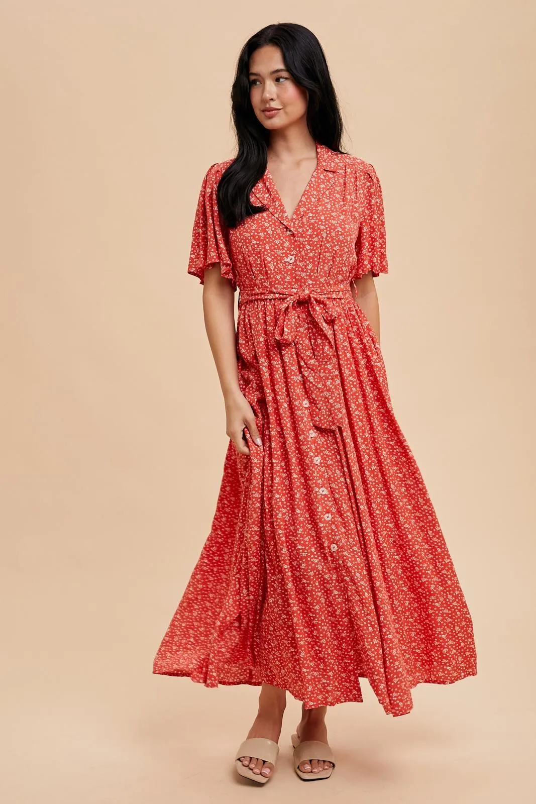Red Flutter Sleeve Button Down Maxi Dress sold by Pinkblush