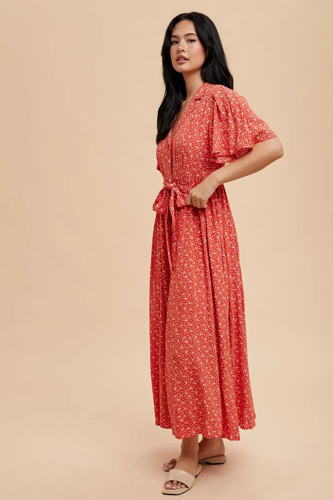 Red Flutter Sleeve Button Down Maxi Dress sold by Pinkblush product image thumbnail 2