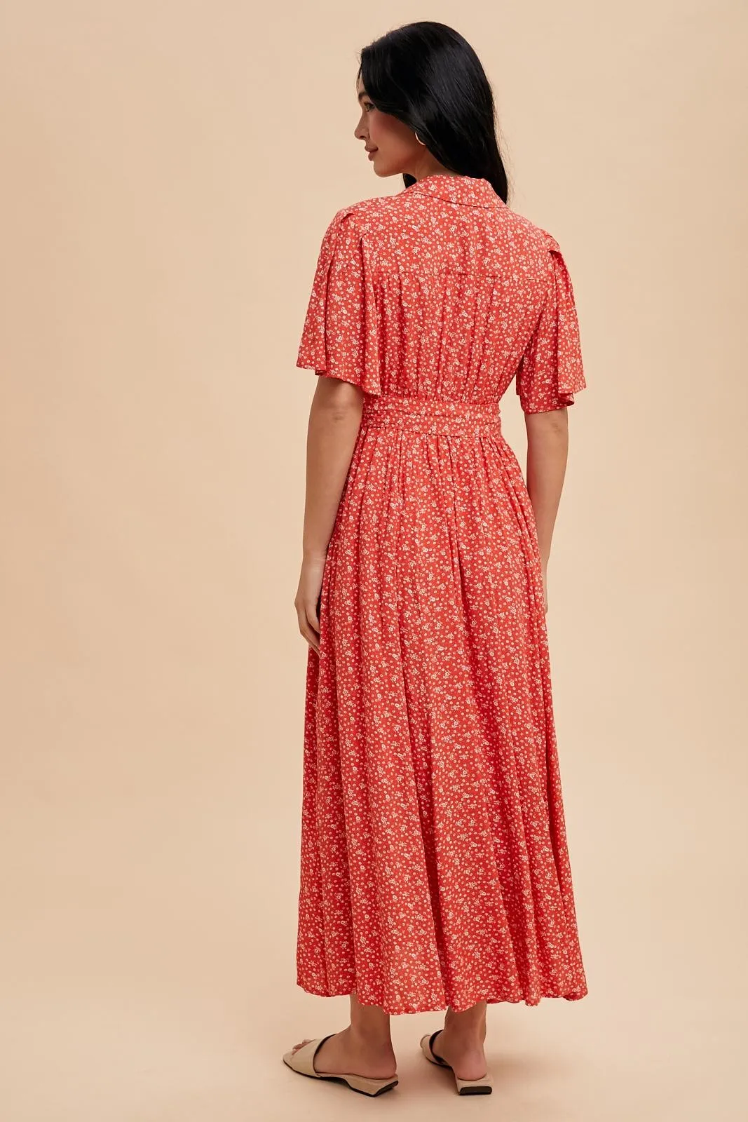 Red Flutter Sleeve Button Down Maxi Dress sold by Pinkblush product image thumbnail 3